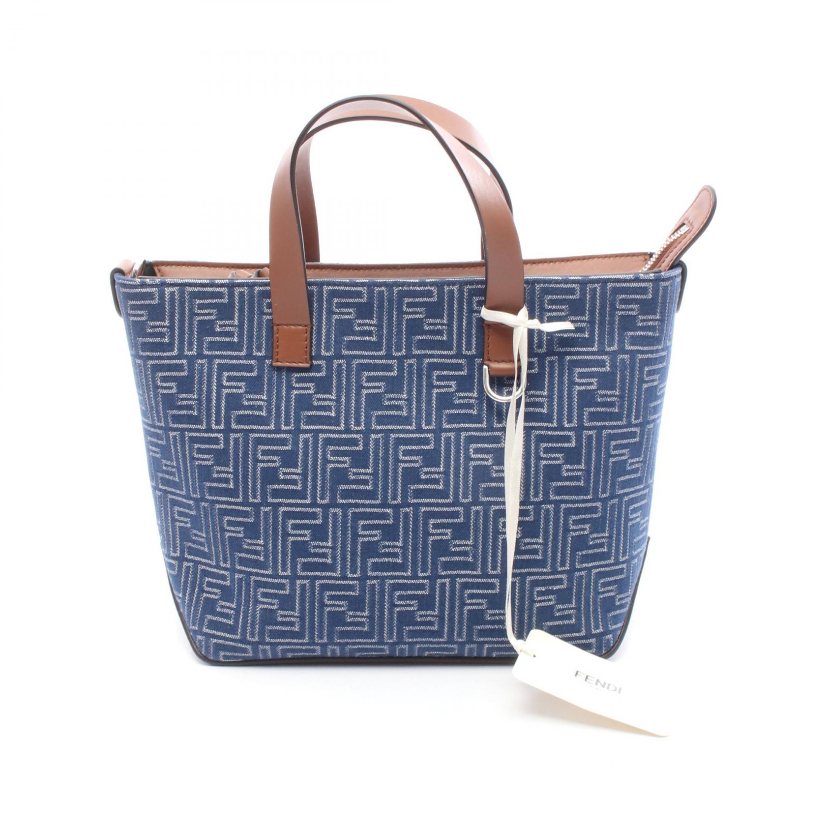 フェンディ FENDI FFショッピングバッグ スモール ハンドバッグ バッグ デニム レザー メンズ ネイビー系 / ブラウン系 7VA658AUGOF1SCG 【新品】