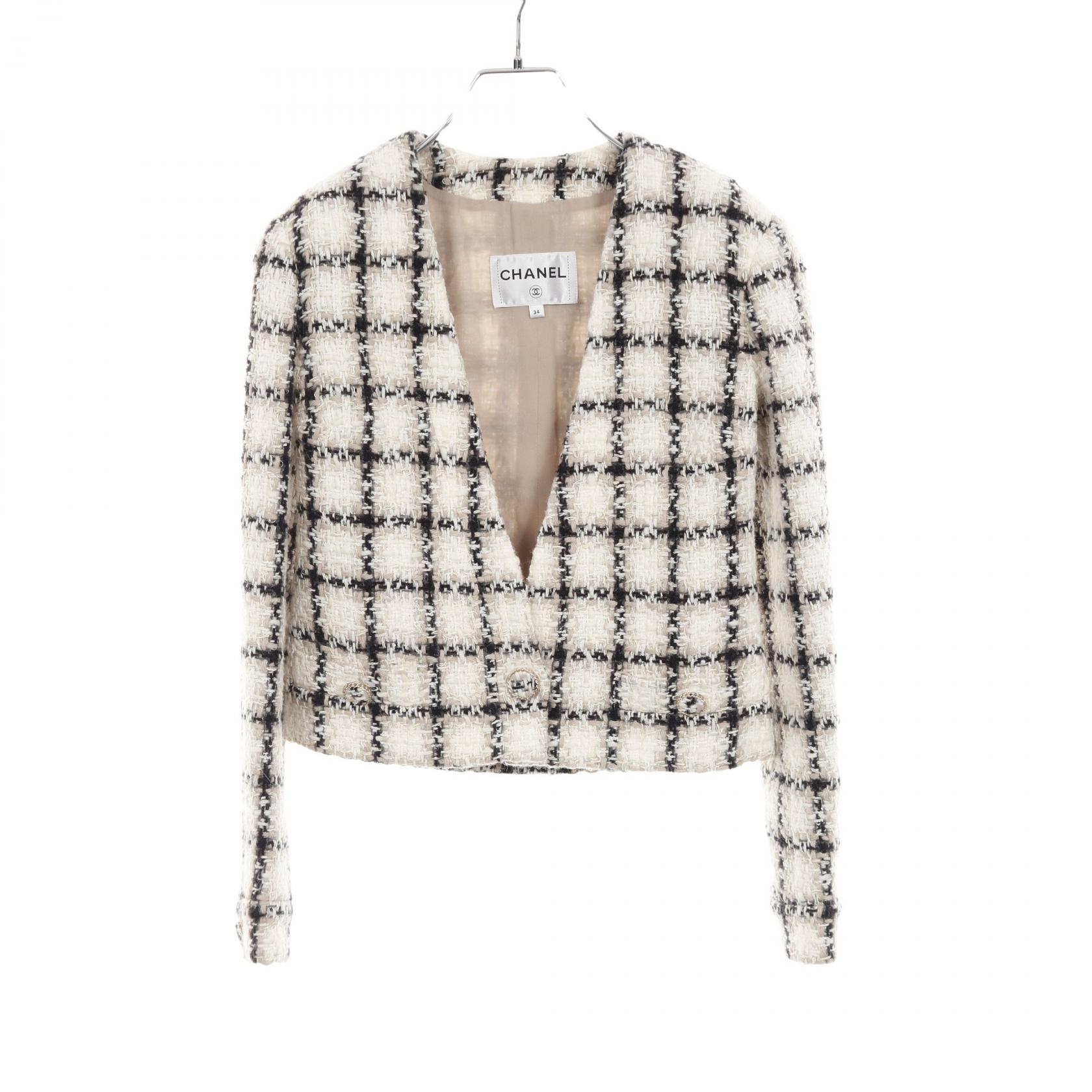 【P5倍×5%OFFクーポン】シャネル CHANEL ツイード ノーカラージャケット 衣料品 アウター ウール アクリル レディース ホワイト系 / ブラック系 P62411V47773 【中古】
