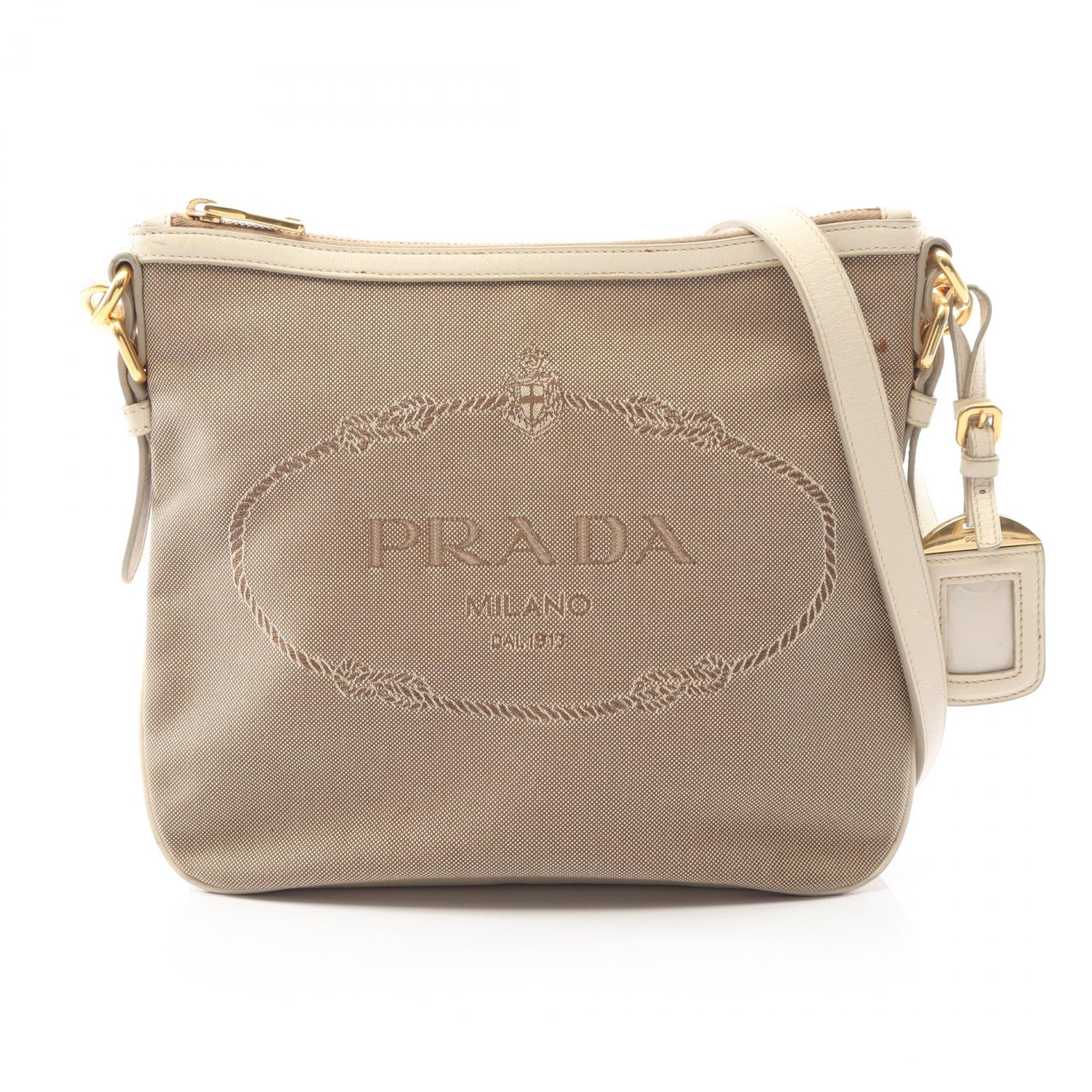 【5千円OFFクーポン対象】プラダ PRADA LOGO JACQUARD ロゴジャガード ショルダーバッグ バッグ キャンバス レザー レディース ブラウン系 / アイボリー系 【中古】