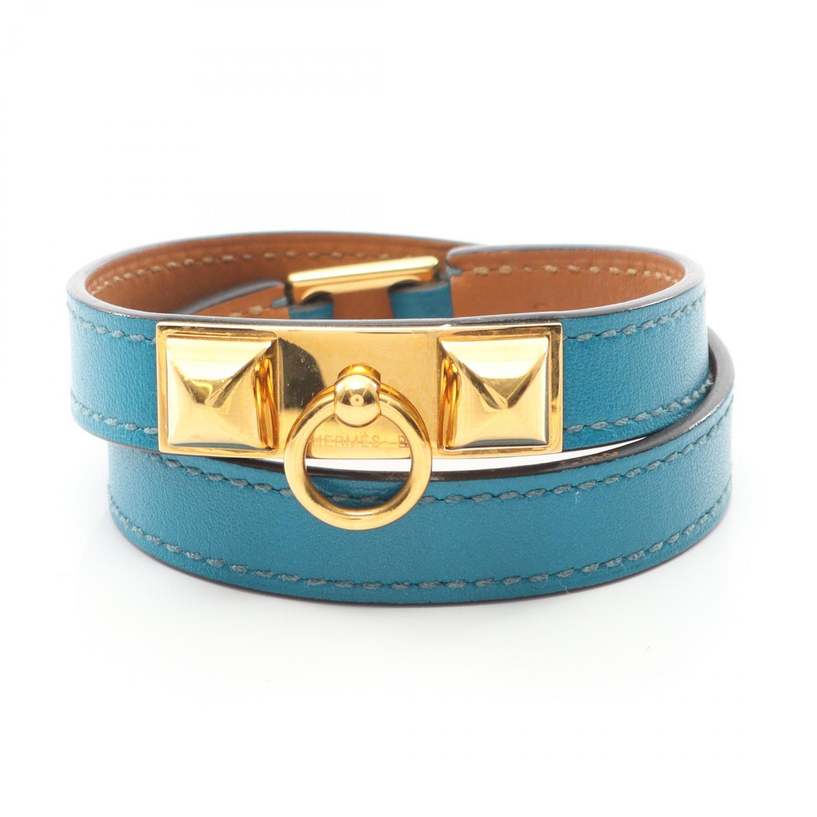エルメス HERMES リヴァル ドゥブルトゥール ブレスレット アクセサリー レザー GP（ゴールドメッキ） レディース ブルー系 / ゴールド系 【中古】
