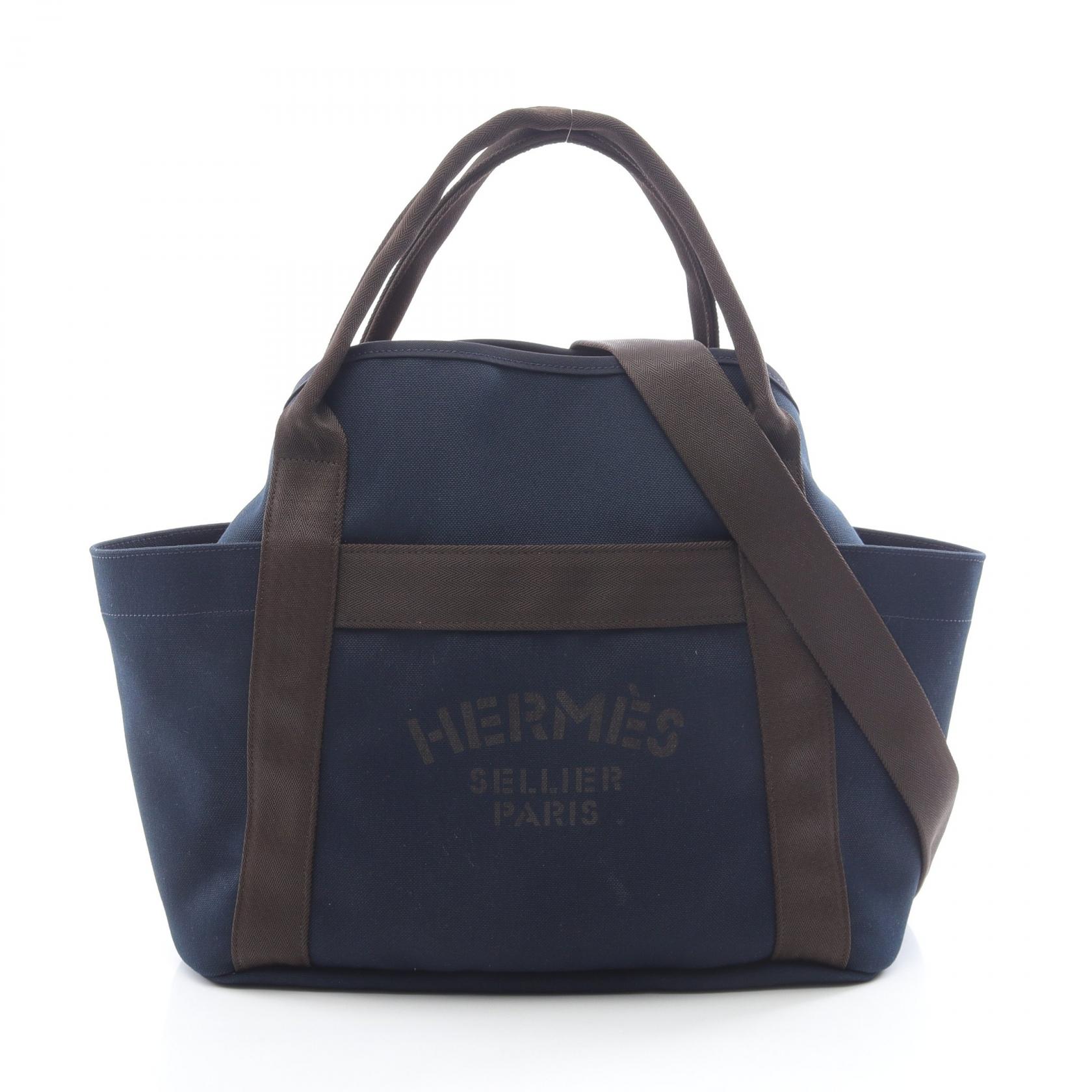 【P5倍×15%OFFクーポン】エルメス HERMES サックドパンサージュ グルーム トートバッグ バッグ キャンバス トワルミリタリー / トワルシェブロン トワルミリタリー レディース ネイビー系 / ブラウン系 068312CK 【中古】