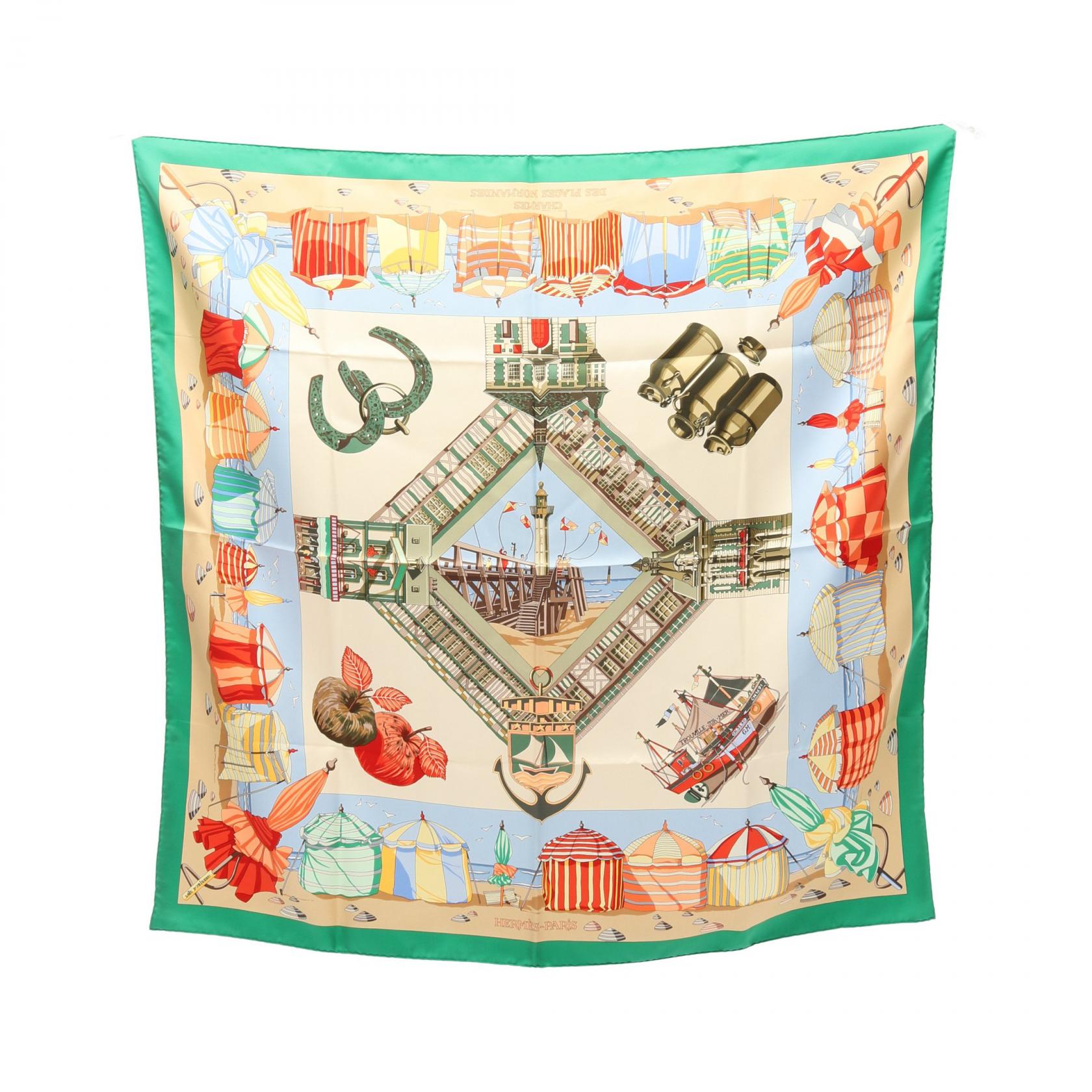 エルメス HERMES カレ90 CHARMES DES PLAGES NORMANDES スカーフ 衣料品 シルク シルク レディース ベージュ系 / グリーン系 / マルチカラー 【中古】