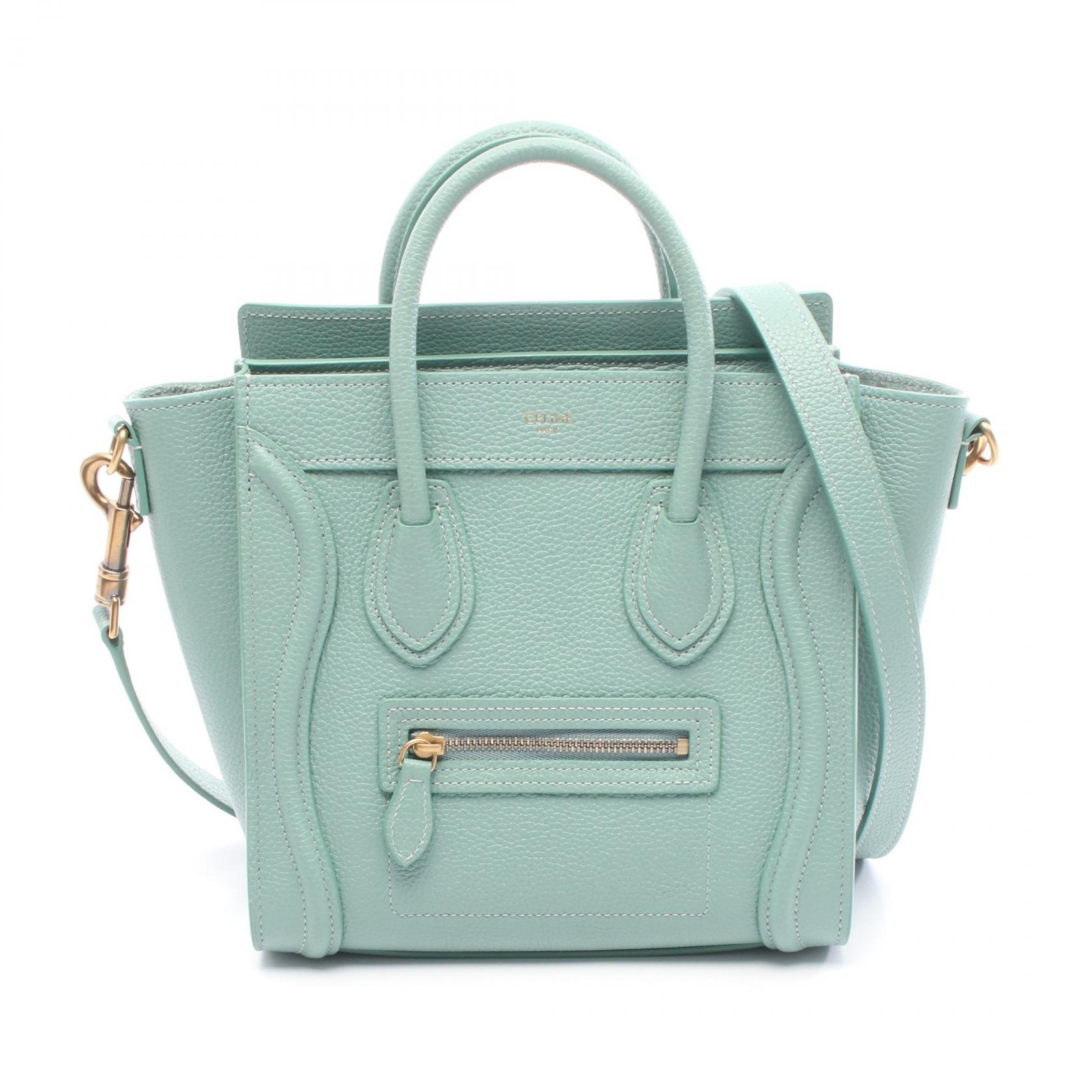 【P5倍×15%OFFクーポン】セリーヌ CELINE ラゲージ ナノショッパー ハンドバッグ バッグ レザー レディース グリーン系 【中古】