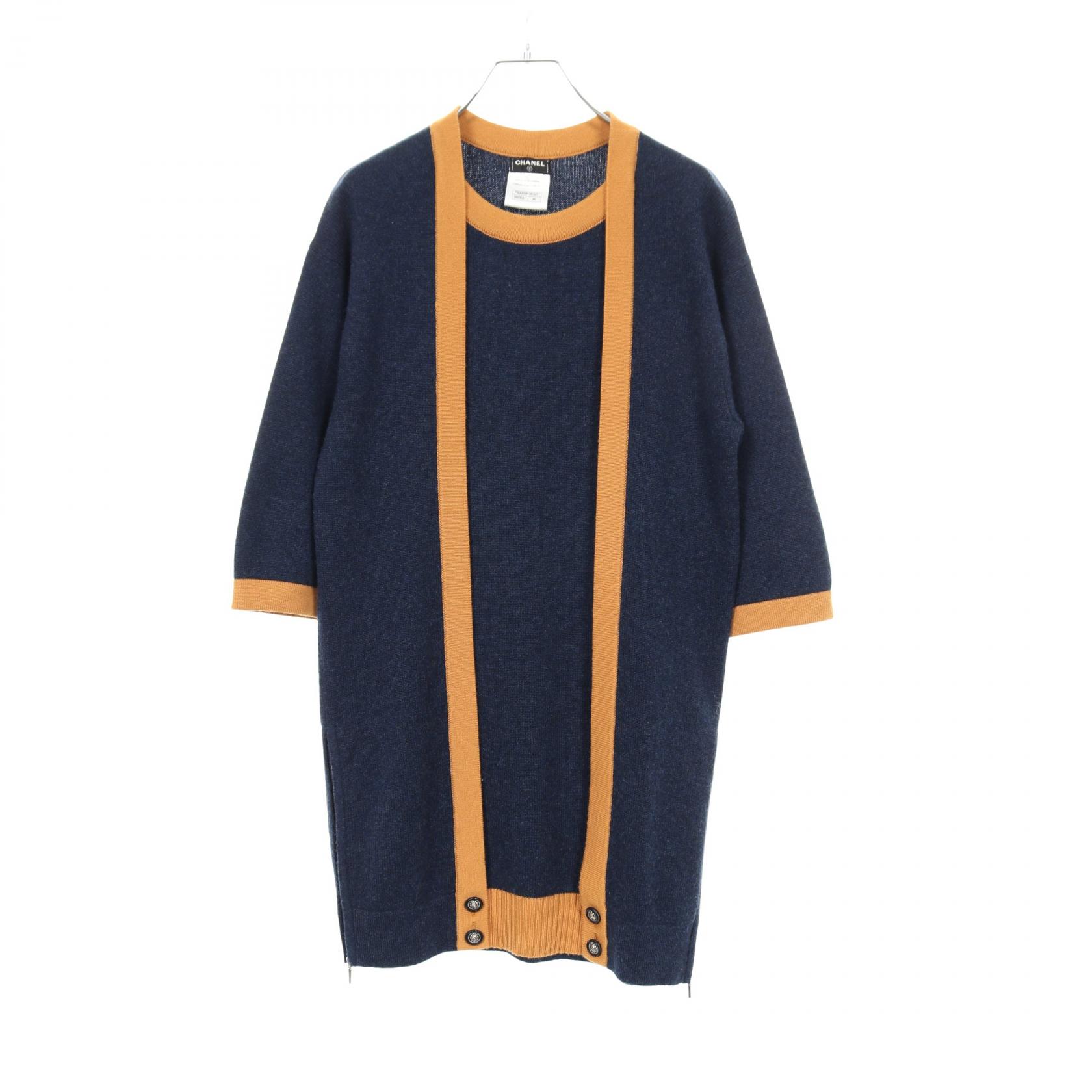 【20%OFFクーポン 7/26 9:59〆】シャネル CHANEL ココマークボタン ワンピース 衣料品 トップス カシミヤ レディース ネイビー系 / イエロー系 P50065K 【中古】｜Brandoff銀座