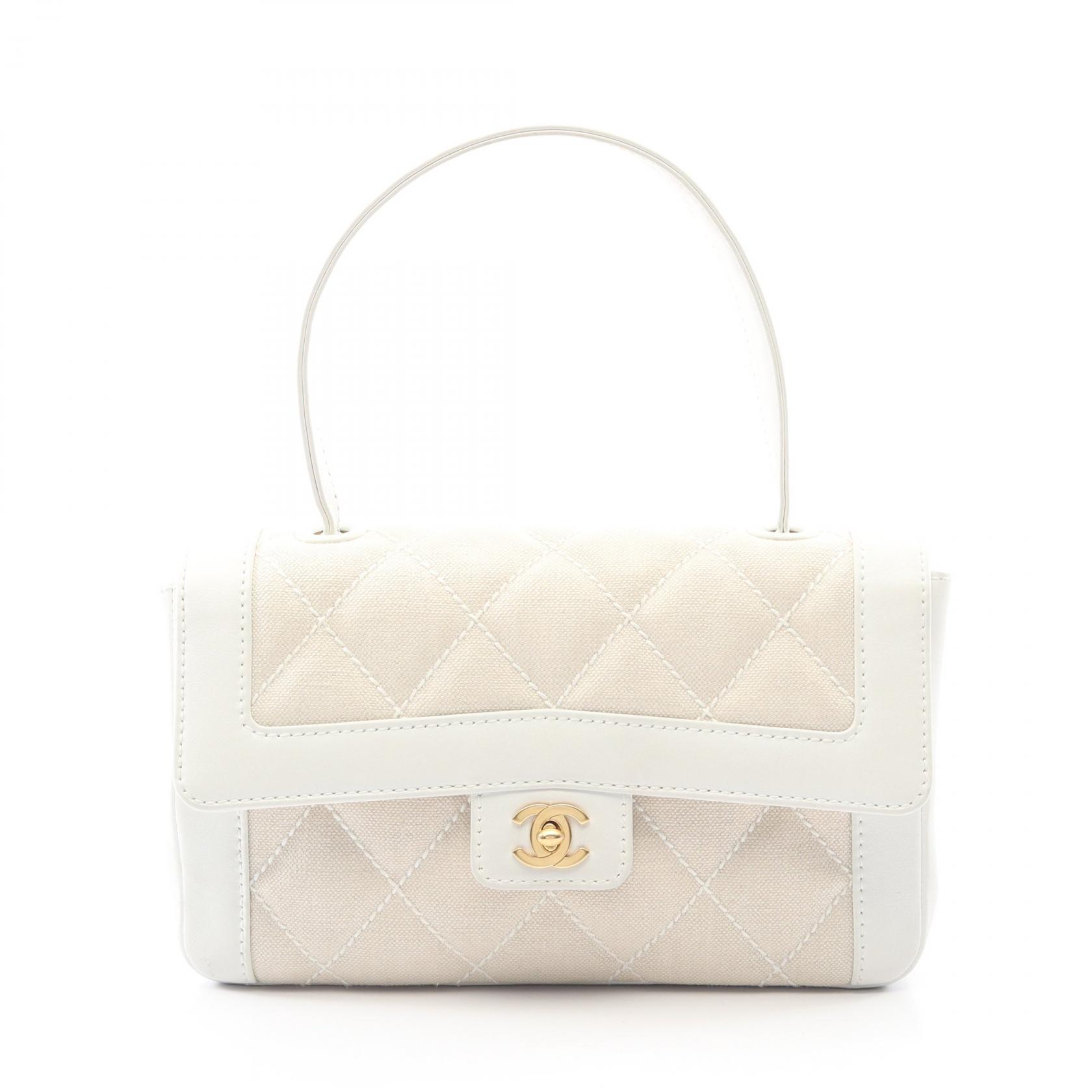 【P5倍×15%OFFクーポン】シャネル CHANEL ワイルドステッチ ハンドバッグ バッグ キャンバス レザー レディース ベージュ系 / ホワイト系 【中古】