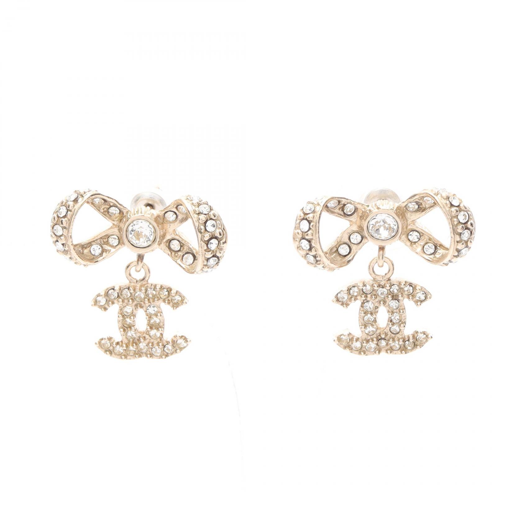 シャネル CHANEL ココマーク リボン ピアス ジュエリー GP（ゴールドメッキ） ラインストーン レディース ゴールド系 / クリア系 【中古】