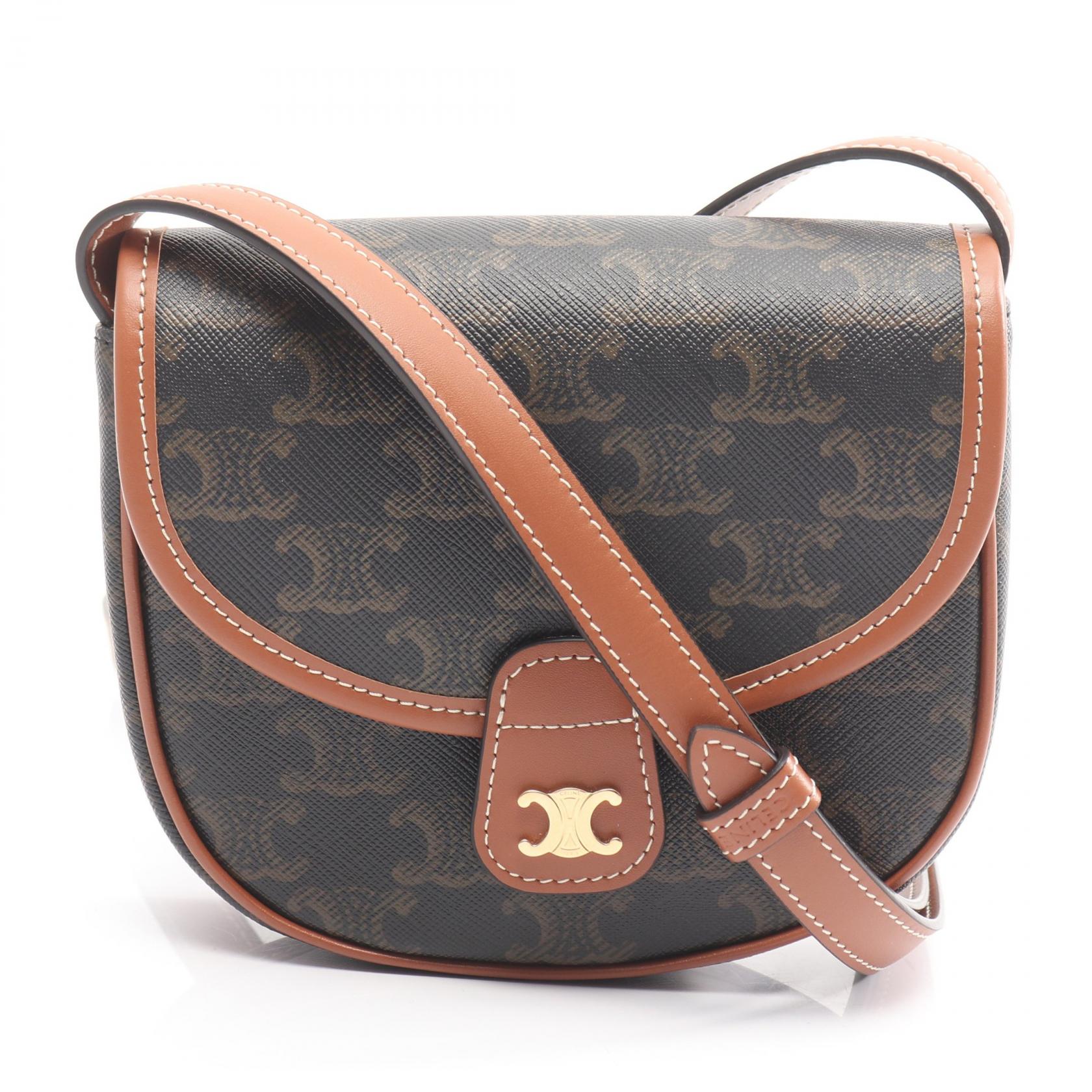【5%OFFクーポン×ポイント5倍】セリーヌ CELINE トリオンフ ミニブザス ショルダーバッグ バッグ PVCコーティングキャンバス レザー レディース ブラック系 / ブラウン系 196702 【中古】