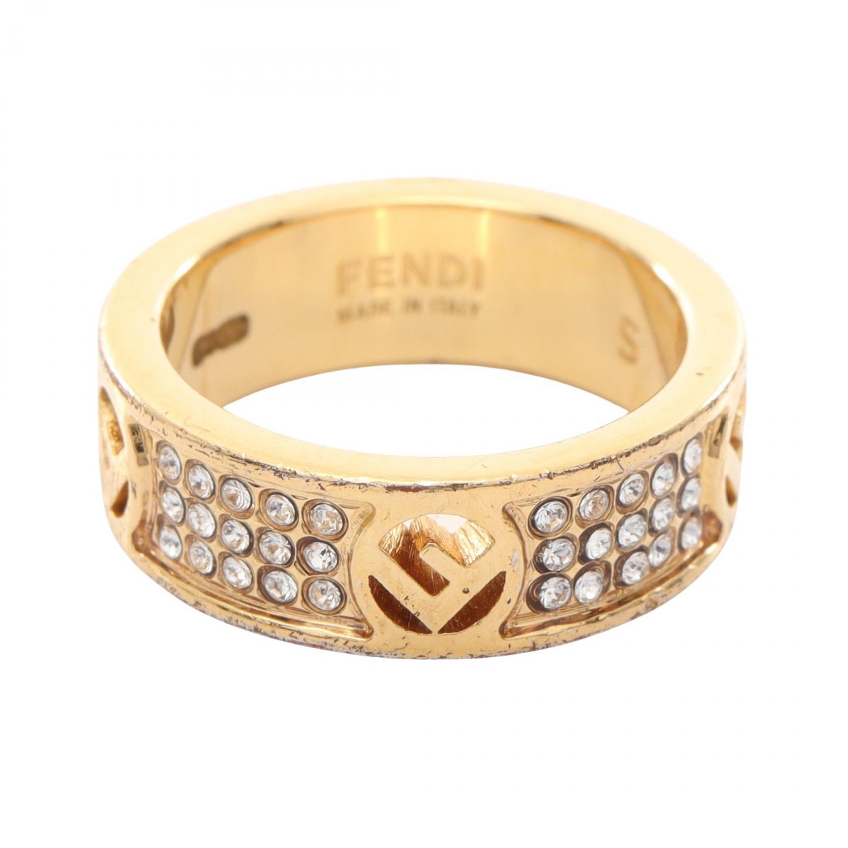 【P5倍×5%OFFクーポン】フェンディ FENDI Fロゴ リング・指輪 ジュエリー GP（ゴールドメッキ） ラインストーン レディース ゴールド系 / クリア系 【中古】