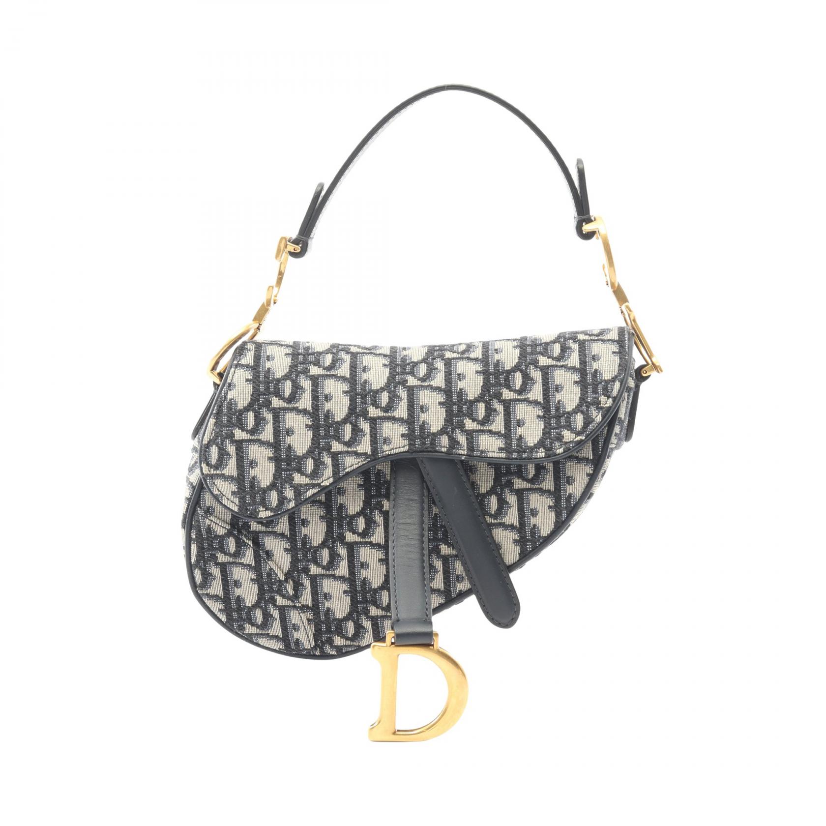 【4時間限定！ポイント10倍 】4/13 20時～23:59／ディオール Dior サドルバッグ ミニ オブリークジャカード ハンドバッグ バッグ キャンバス レザー レディース アイボリー系 / ネイビー系 【中古】