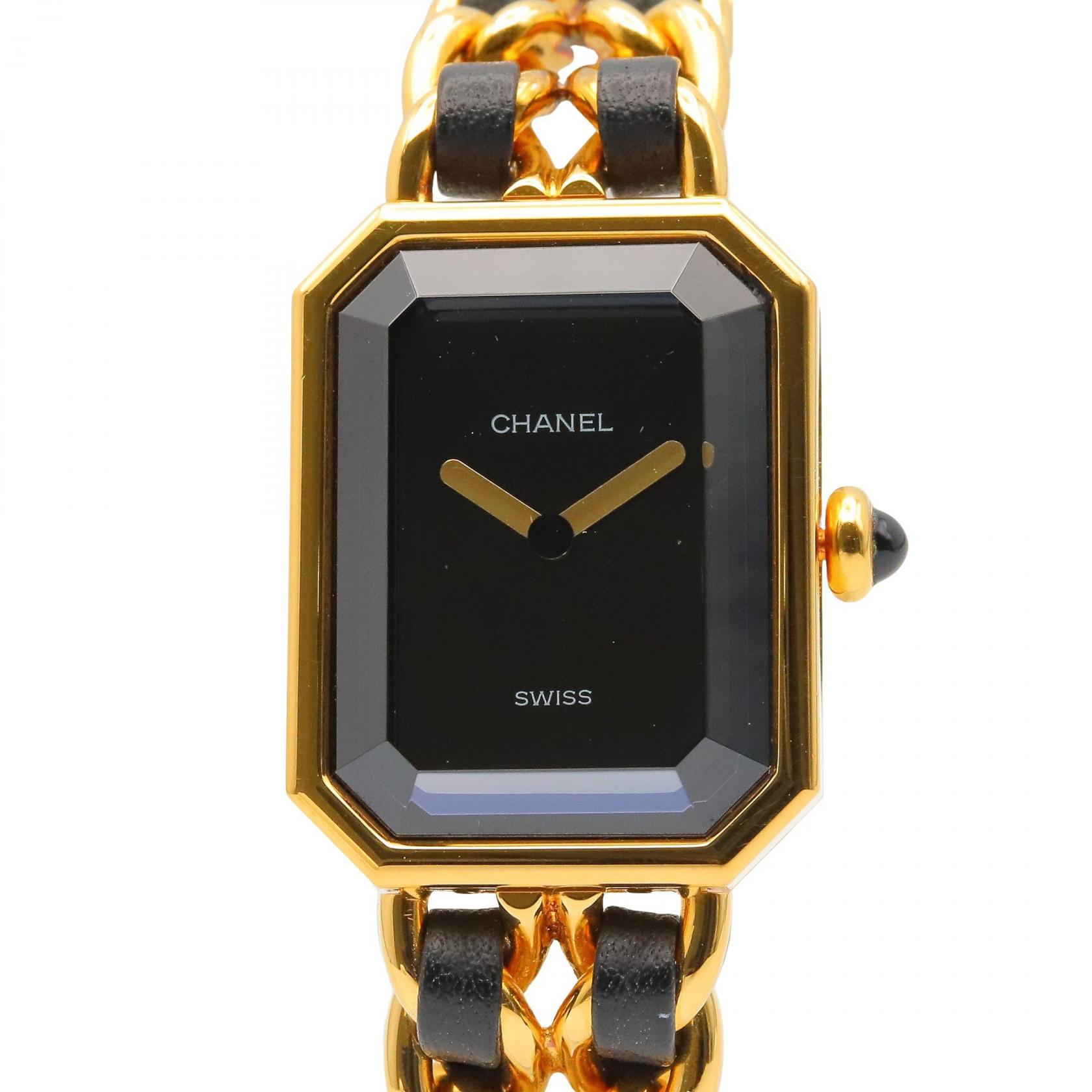 【P5倍×5%OFFクーポン】シャネル CHANEL プルミエール M 腕時計 時計 GP（ゴールドメッキ） GP（ゴールドメッキ） レザーベルト レディース ブラック系 H0001 【中古】
