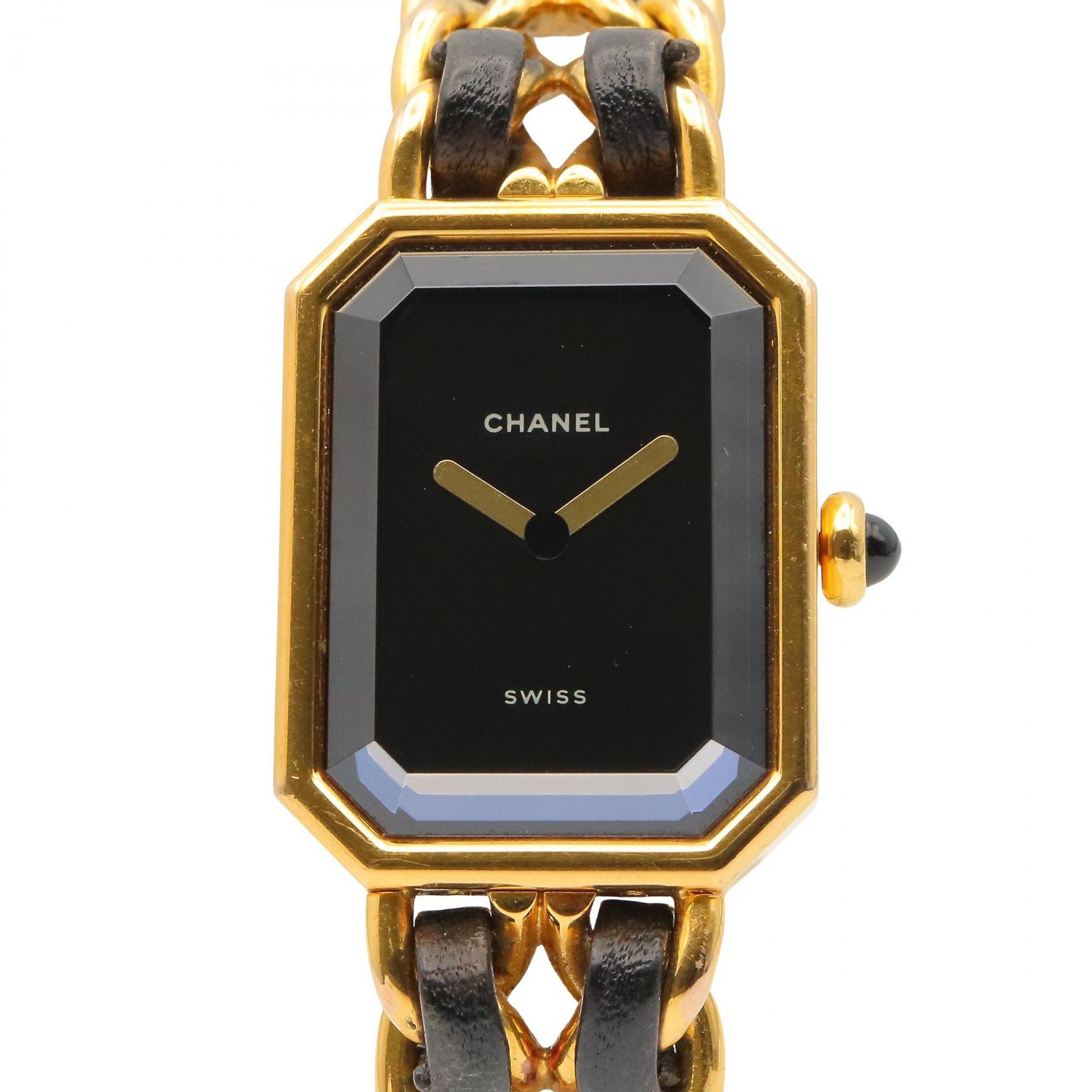 【P5倍×5%OFFクーポン】シャネル CHANEL プルミエール M 腕時計 時計 GP（ゴールドメッキ） GP（ゴールドメッキ） レザーベルト レディース ブラック系 H0001 【中古】