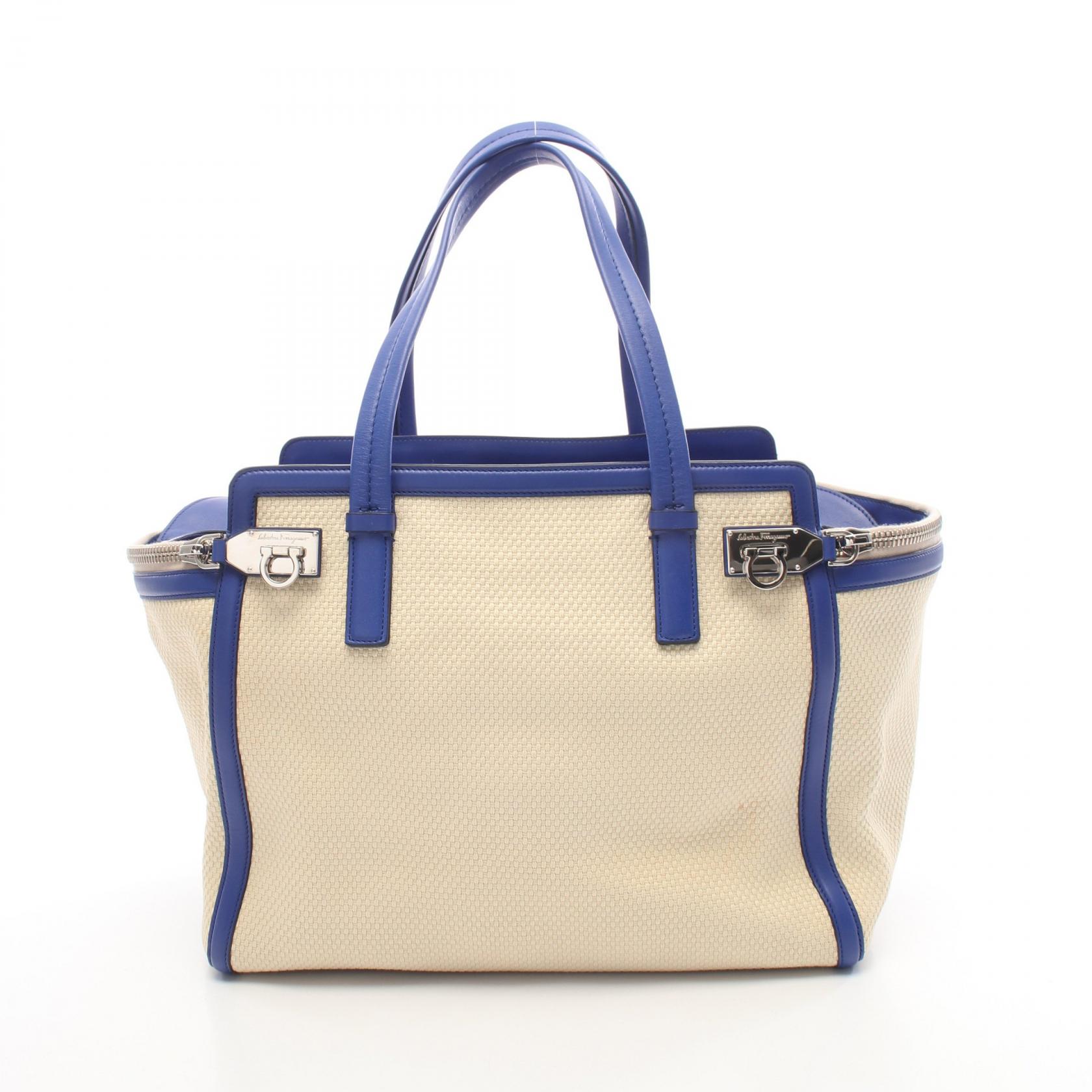 サルヴァトーレフェラガモ Salvatore Ferragamo アリアナ ガンチーニ ハンドバッグ バッグ キャンバス レザー レディース アイボリー系 / ブルー系 21 E455 【中古】