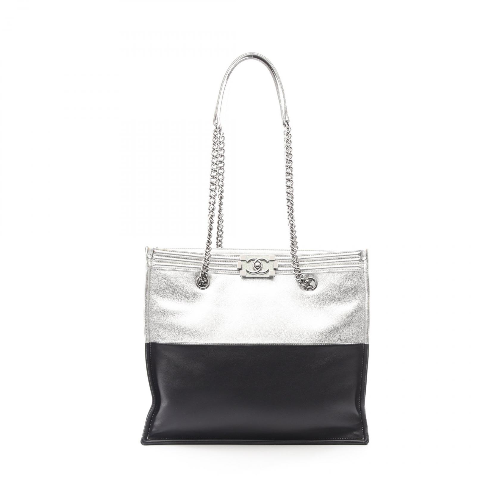 【P5倍×5%OFFクーポン】シャネル CHANEL ボーイシャネル トートバッグ バッグ レザー レディース シルバー系 / ブラック系 【中古】