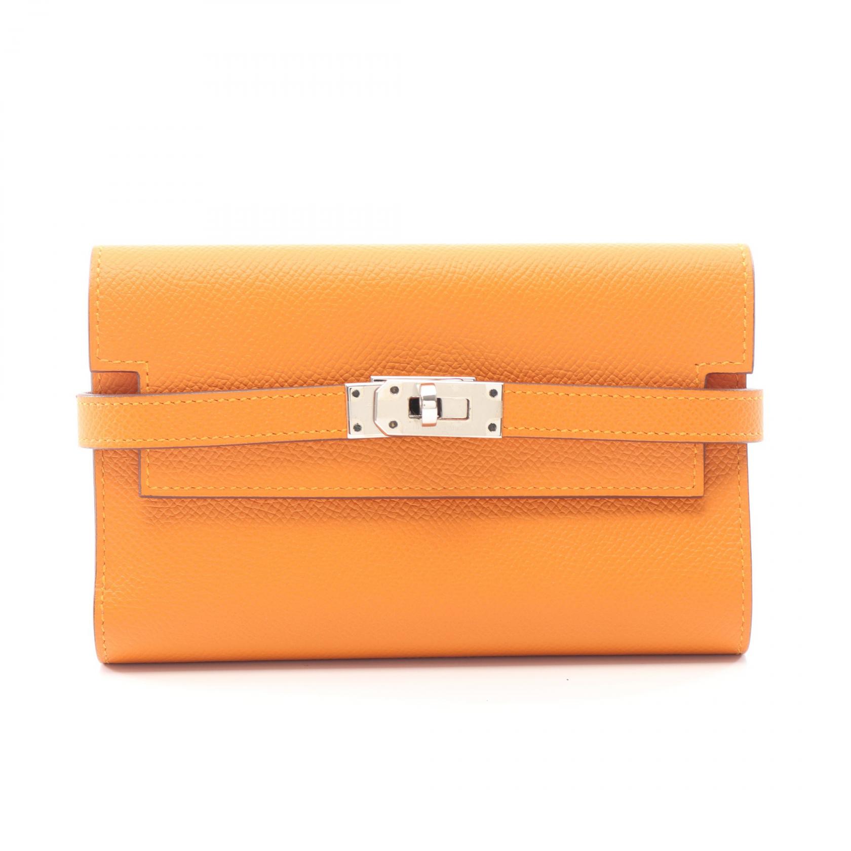 【P5倍×5%OFFクーポン】エルメス HERMES ケリーウォレット ミディアム ヴェルソ 三つ折り財布 財布 レザー ヴォーエプソン ヴォーエプソン レディース オレンジ系 【中古】