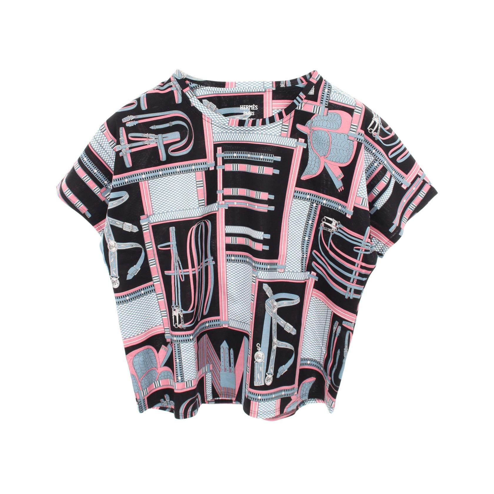 【5%OFFクーポン×ポイント5倍】エルメス HERMES Lettres Equestres Tシャツ カットソー 衣料品 トップス コットン レディース ブラック系 / マルチカラー 4H46340S 【中古】