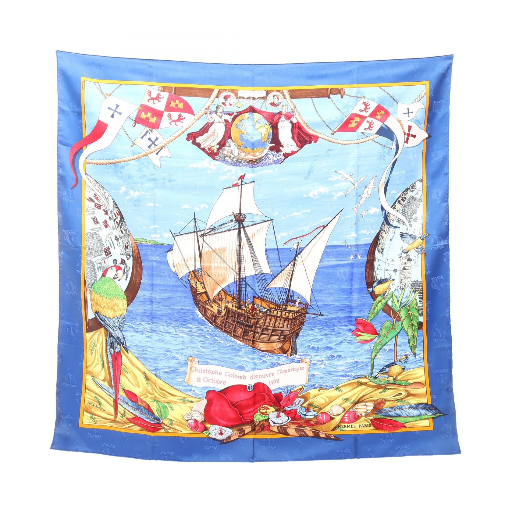 エルメス HERMES カレ90 Christophe Colomb d?couvre l'Am?rique 12 Octobre 1492 スカーフ 衣料品 シルク シルク レディース ブルー系 / マルチカラー 【中古】