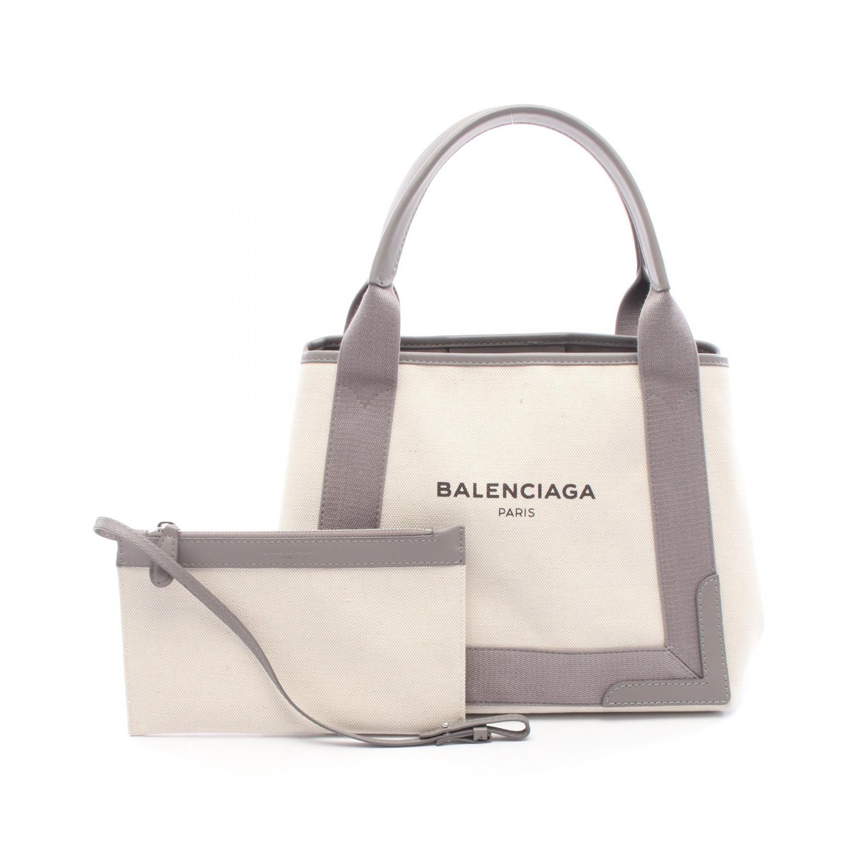 【5千円OFFクーポン対象】バレンシアガ BALENCIAGA NAVY CABAS S ネイビーカバ トートバッグ バッグ キャンバス レザー レディース アイボリー系 / グレー系 339933 2HH3N 【中古】