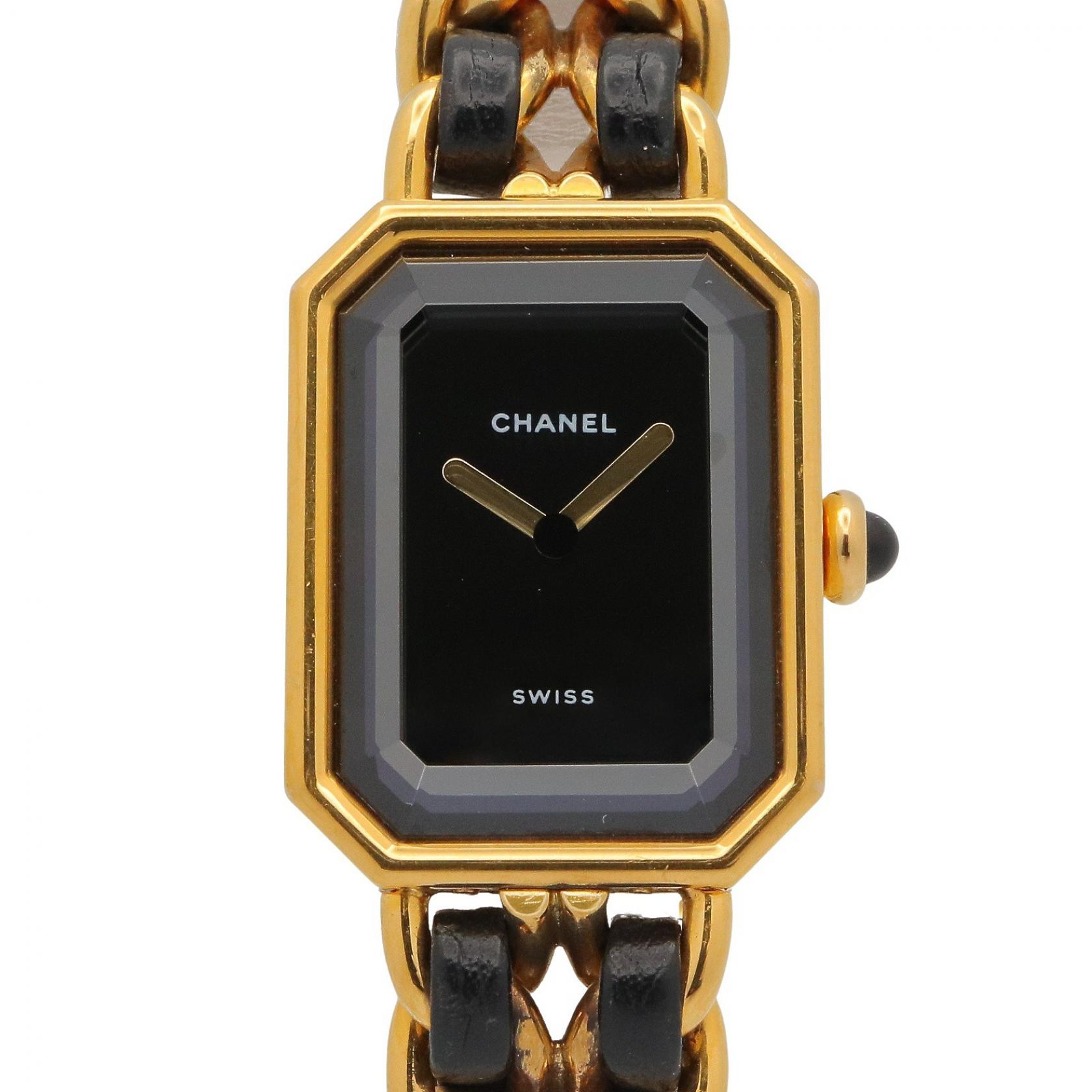 【P5倍×5%OFFクーポン】シャネル CHANEL プルミエール L 腕時計 時計 GP（ゴールドメッキ） レザーベルト レディース ブラック系 H0001 【中古】