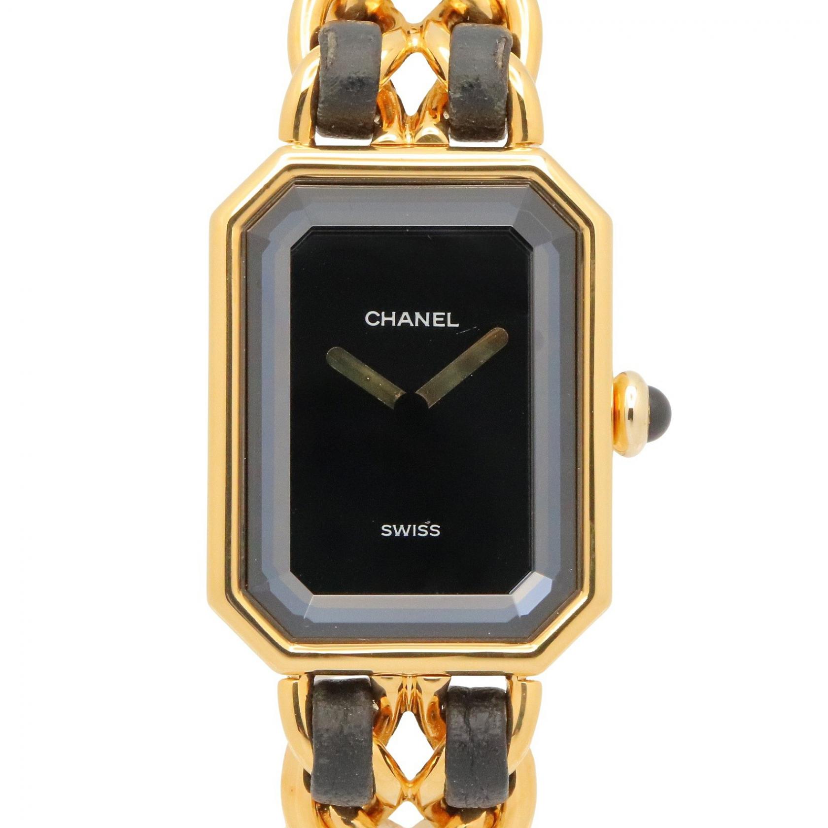 【P5倍×5%OFFクーポン】シャネル CHANEL プルミエール M 腕時計 時計 GP（ゴールドメッキ） レザーベルト レディース ブラック系 H0001 【中古】