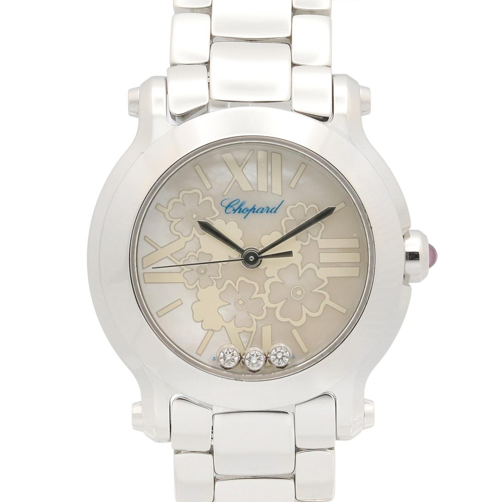 【P5倍×5%OFFクーポン】ショパール Chopard ハッピースポーツ ホワイトシェル 腕時計 時計 ステンレススチール レディース ホワイト系 8509 【中古】