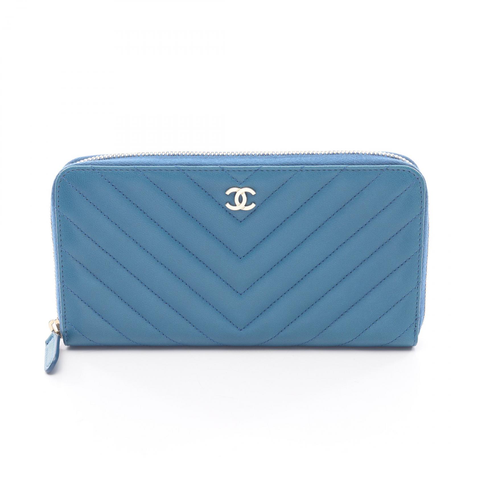 【1万円OFFクーポン対象】シャネル CHANEL シェブロン Vステッチ ラウンド長財布 財布 ラムスキン（羊革） レザー レディース ブルー系 【中古】