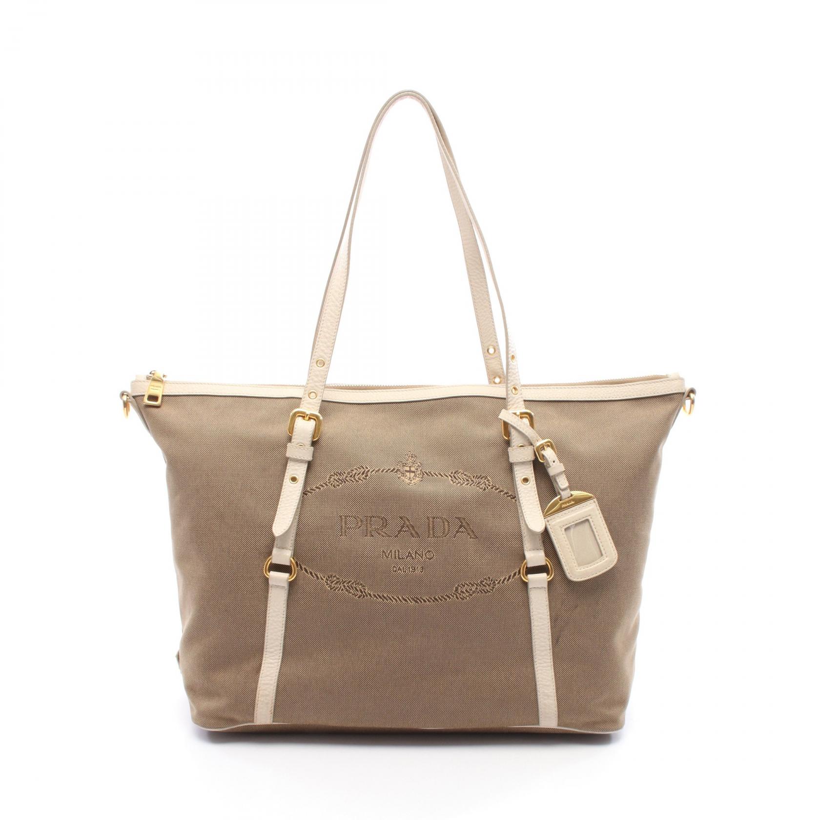 【15%OFFクーポン 7/26 9:59〆】プラダ PRADA LOGO JACQUARD ロゴジャガード トートバッグ バッグ キャンバス レザー レディース カーキ系 / アイボリー系 【中古】｜Brandoff銀座