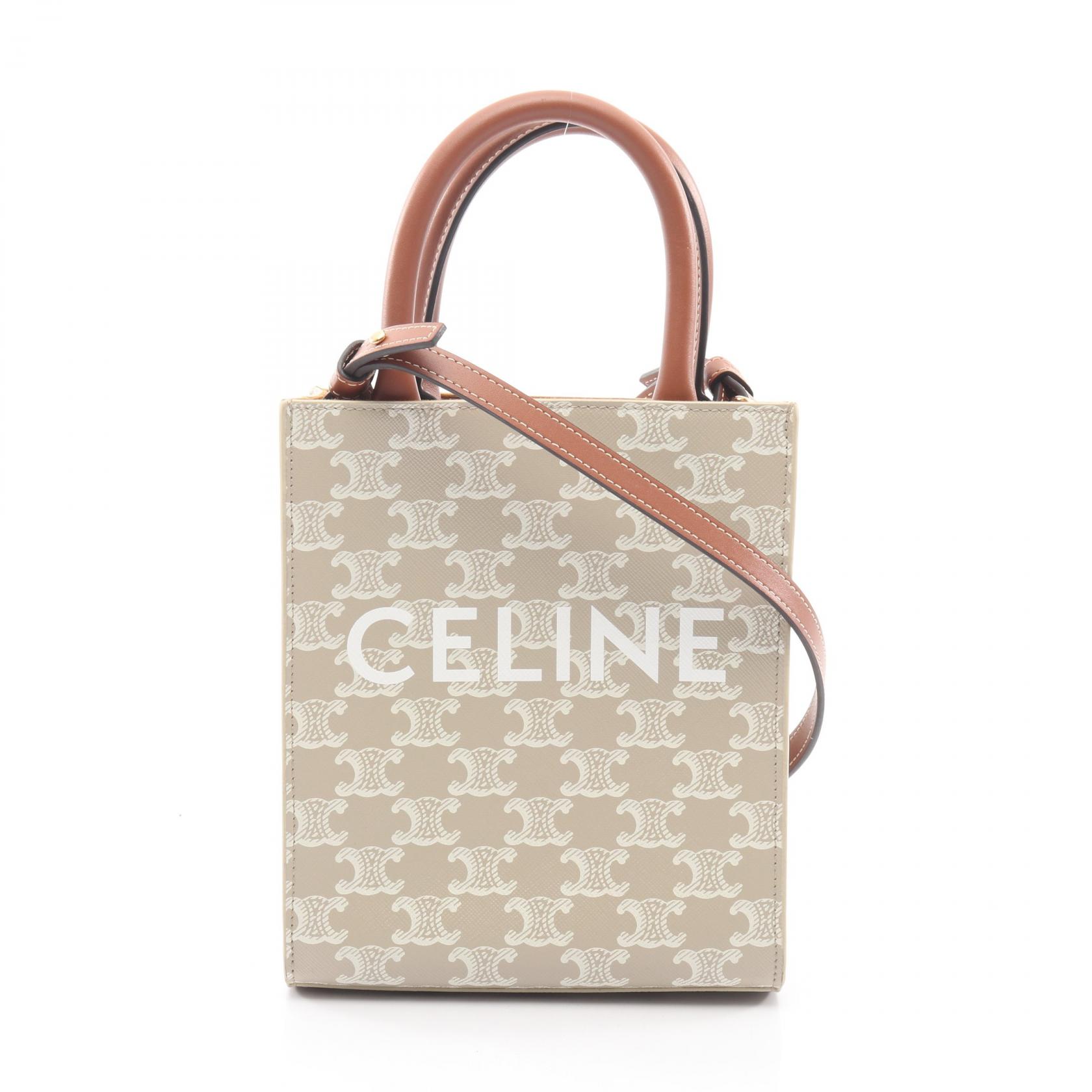 【P5倍×5%OFFクーポン】セリーヌ CELINE ミニ バーティカル カバ トリオンフ 2WAY ハンドバッグ バッグ PVCコーティングキャンバス レザー レディース ベージュ系 / ブラウン系 194372 【中古】