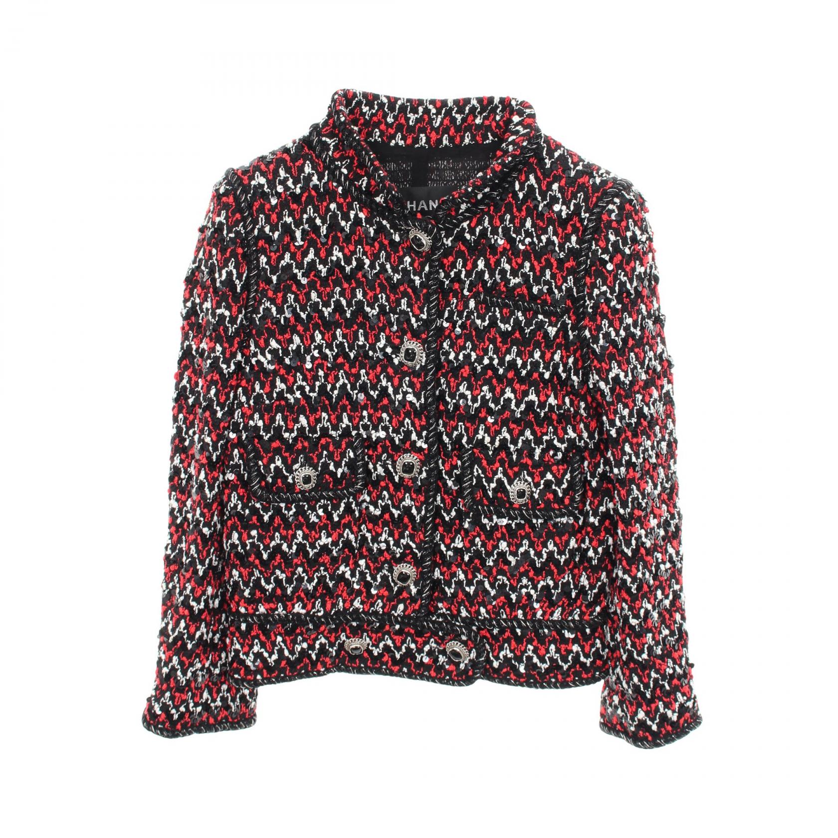 【5%OFFクーポン×ポイント5倍】シャネル CHANEL ココマークボタン スパンコール付き ツイード 衣料品 アウター ポリエステル レディース レッド系 / ブラック系 / ホワイト系 P38157V27588 【中古】