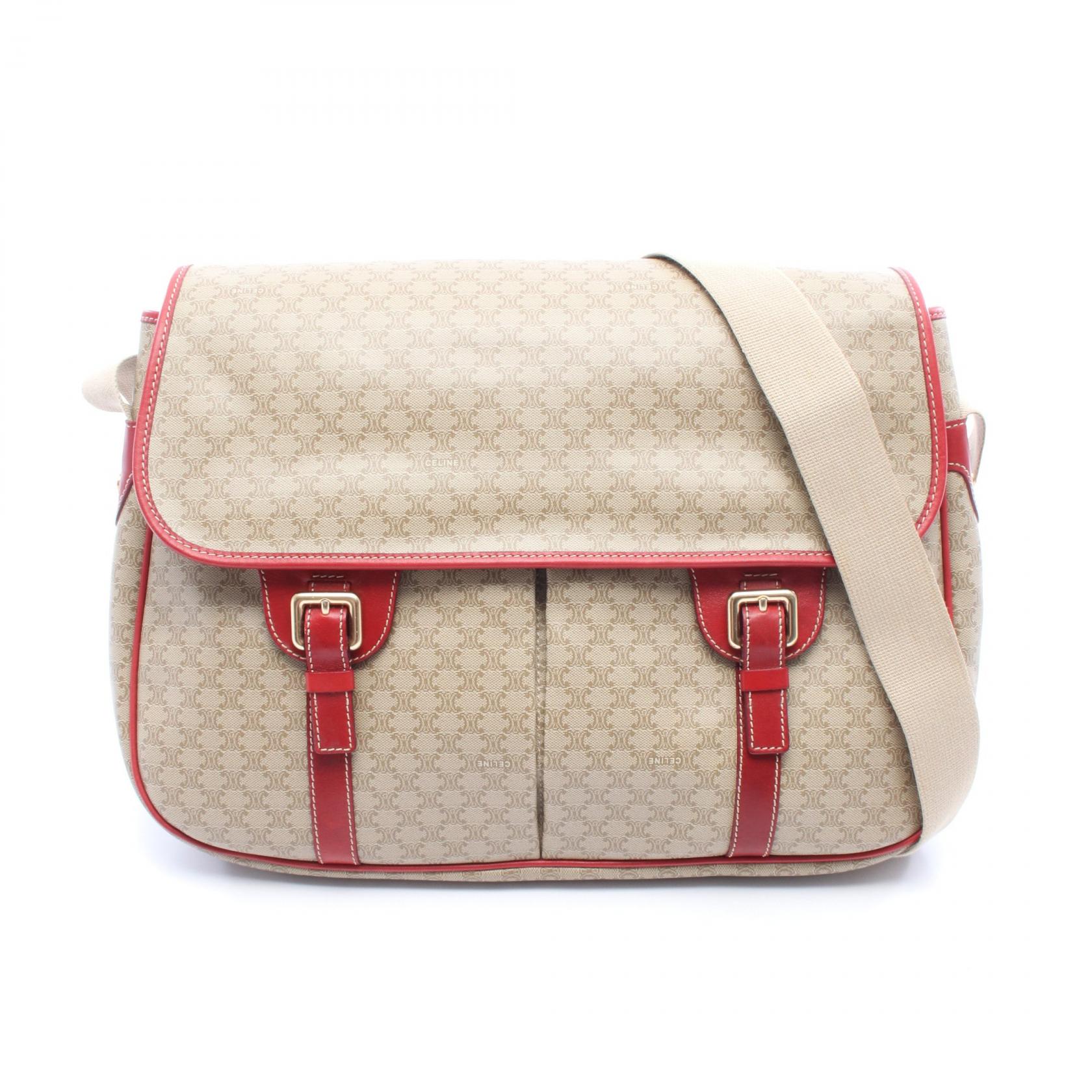 セリーヌ CELINE マカダム ショルダーバッグ バッグ PVCコーティングキャンバス レザー レディース ベージュ系 / レッド系 【中古】
