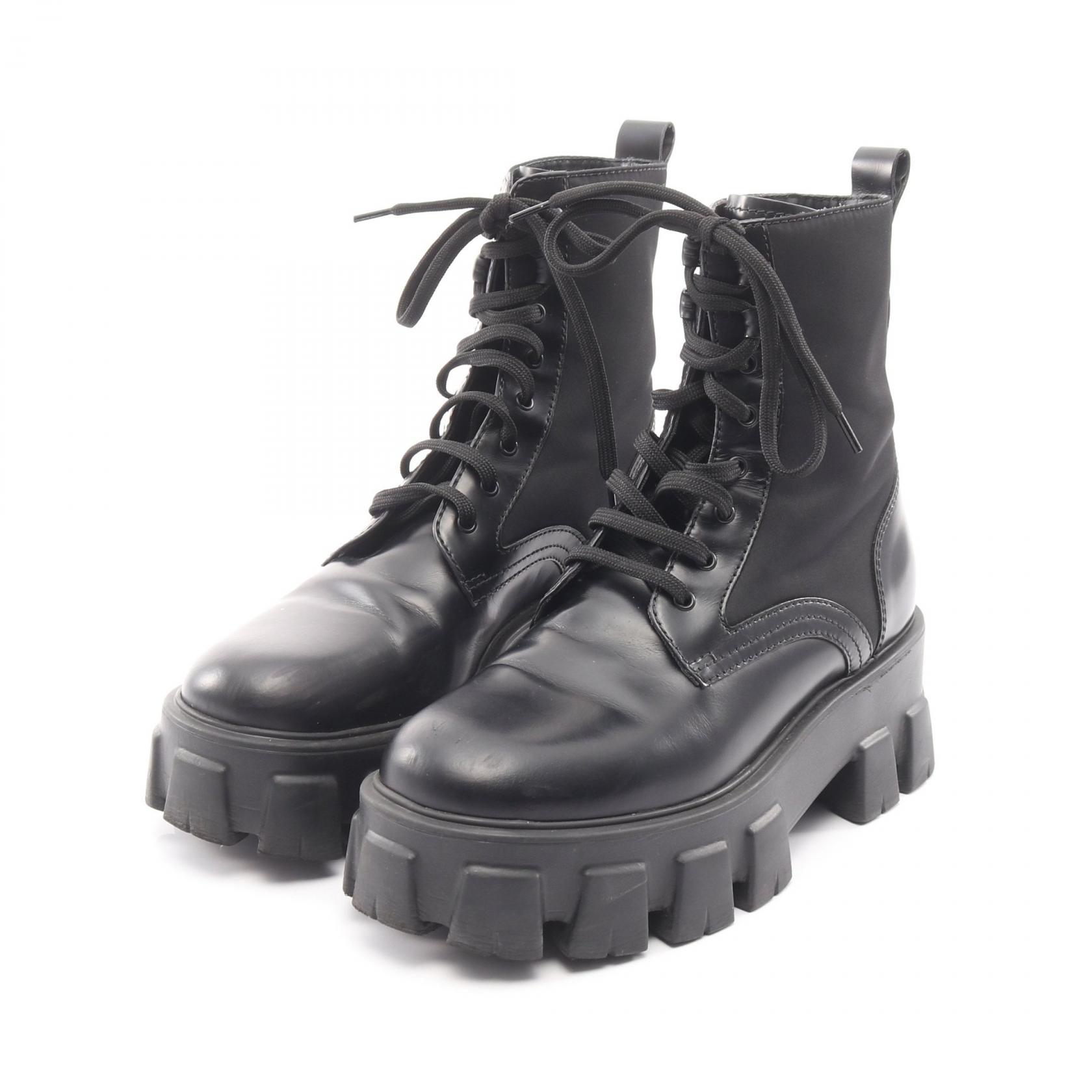 【5千円OFFクーポン対象】プラダ PRADA Re-Nylon モノリス ブーツ 靴 ナイロン レザー レディース ブラック系 【中古】
