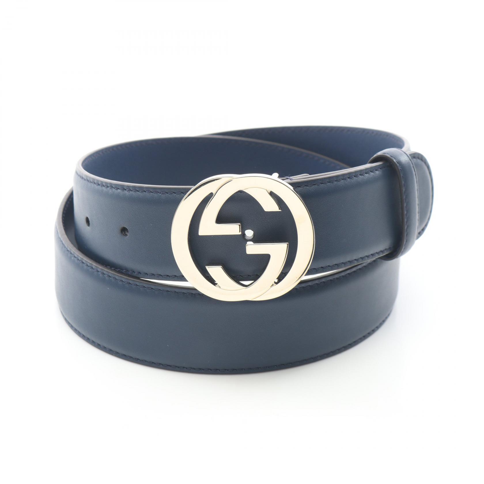 グッチ GUCCI インターロッキングG ゴールド金具 ベルト 衣料品 レザー メンズ ネイビー系 【中古】