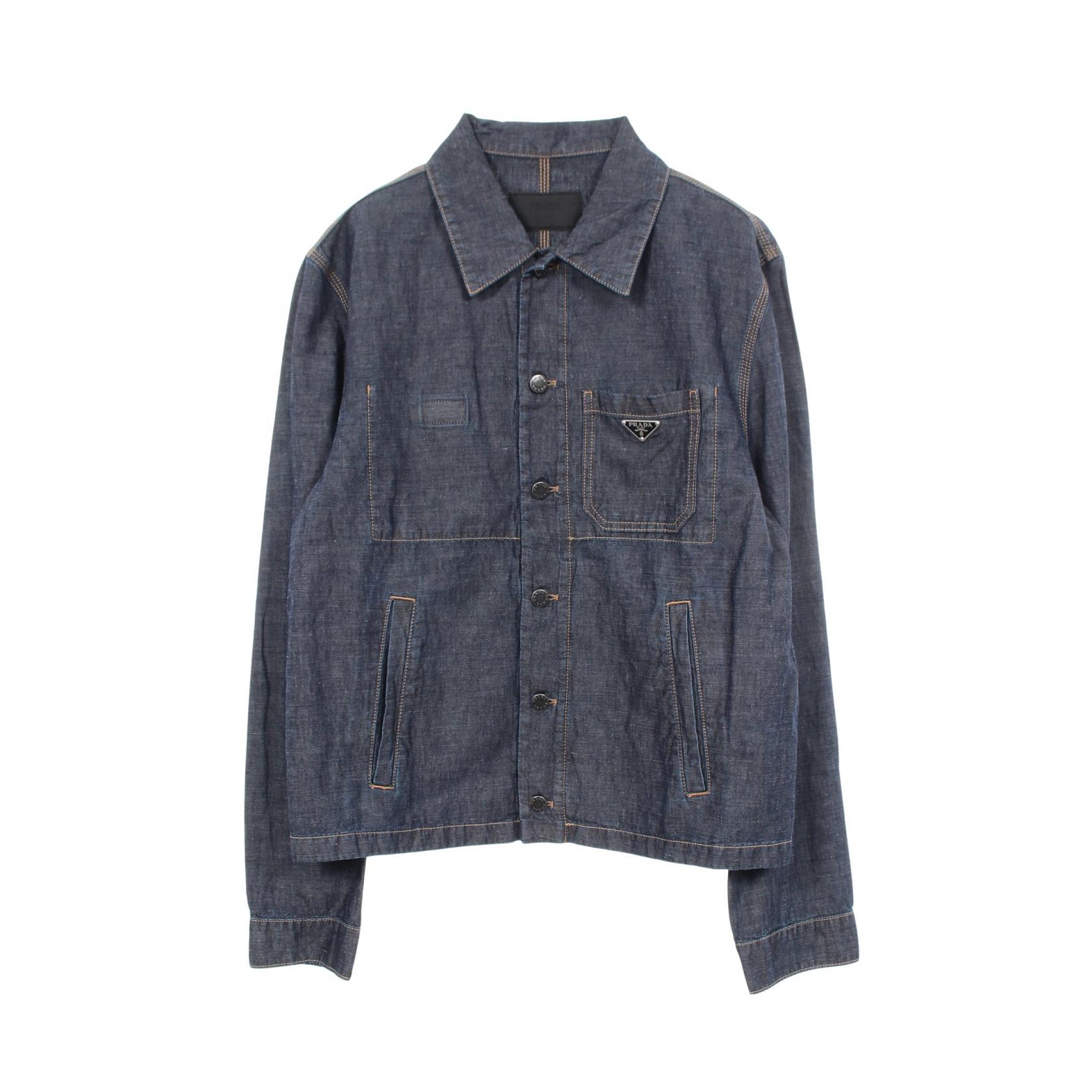 【10%OFFクーポン 7/26 9:59〆】 プラダ PRADA シャンブレーブルゾン デニムジャケット 衣料品 アウター コットン メンズ ネイビー系 【中古】｜Brandoff銀座