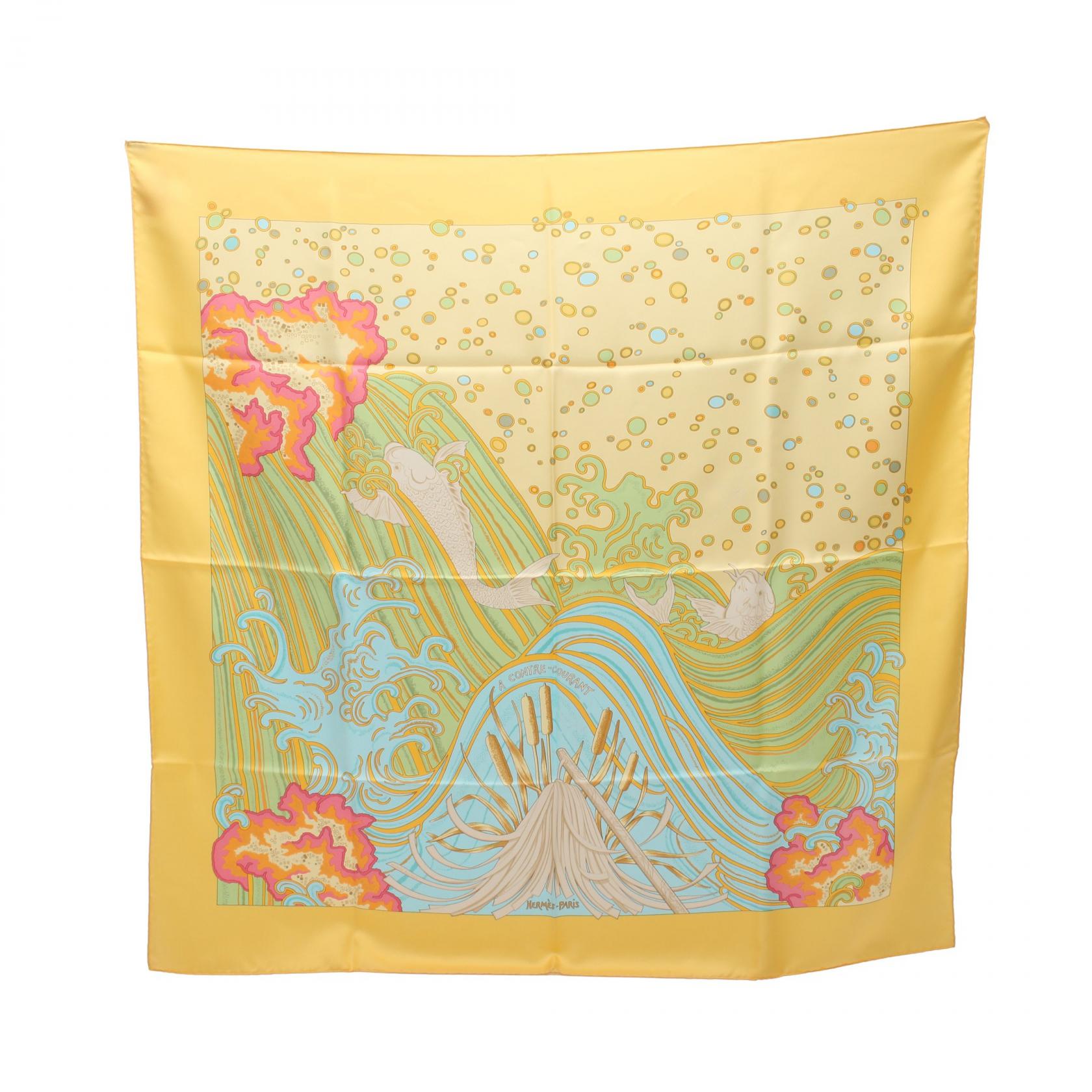 【10%OFFクーポン 7/26 9:59〆】 エルメス HERMES カレ90 A CONTRE COURANT スカーフ 衣料品 シルク シルク レディース イエロー系 / ブルー系 / マルチカラー 【中古】｜Brandoff銀座