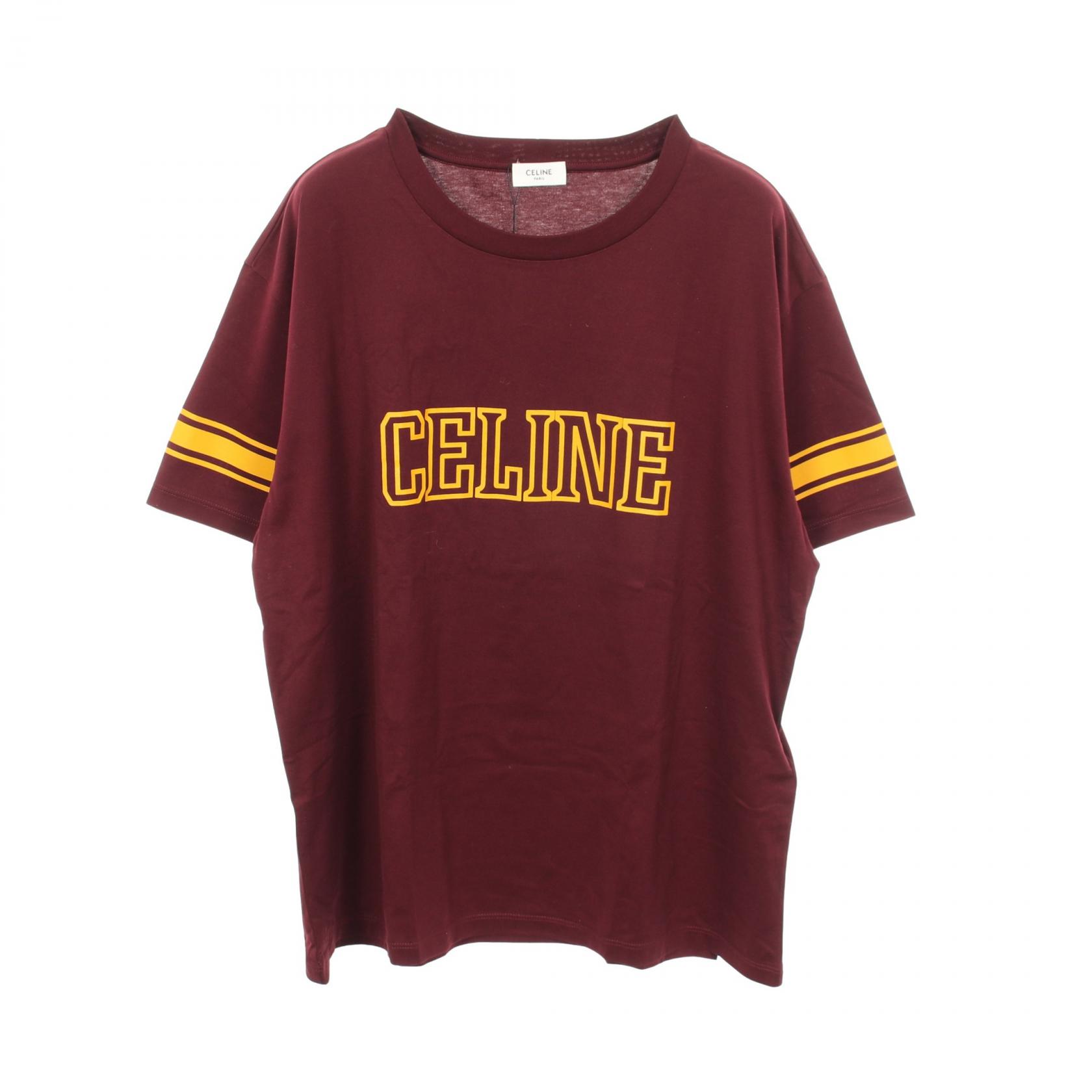 セリーヌ CELINE トリオンフ ロゴプリント クルーネック 半袖Tシャツ 衣料品 トップス コットン メンズ ボルドー系 / イエロー系 【中古】｜Brandoff銀座