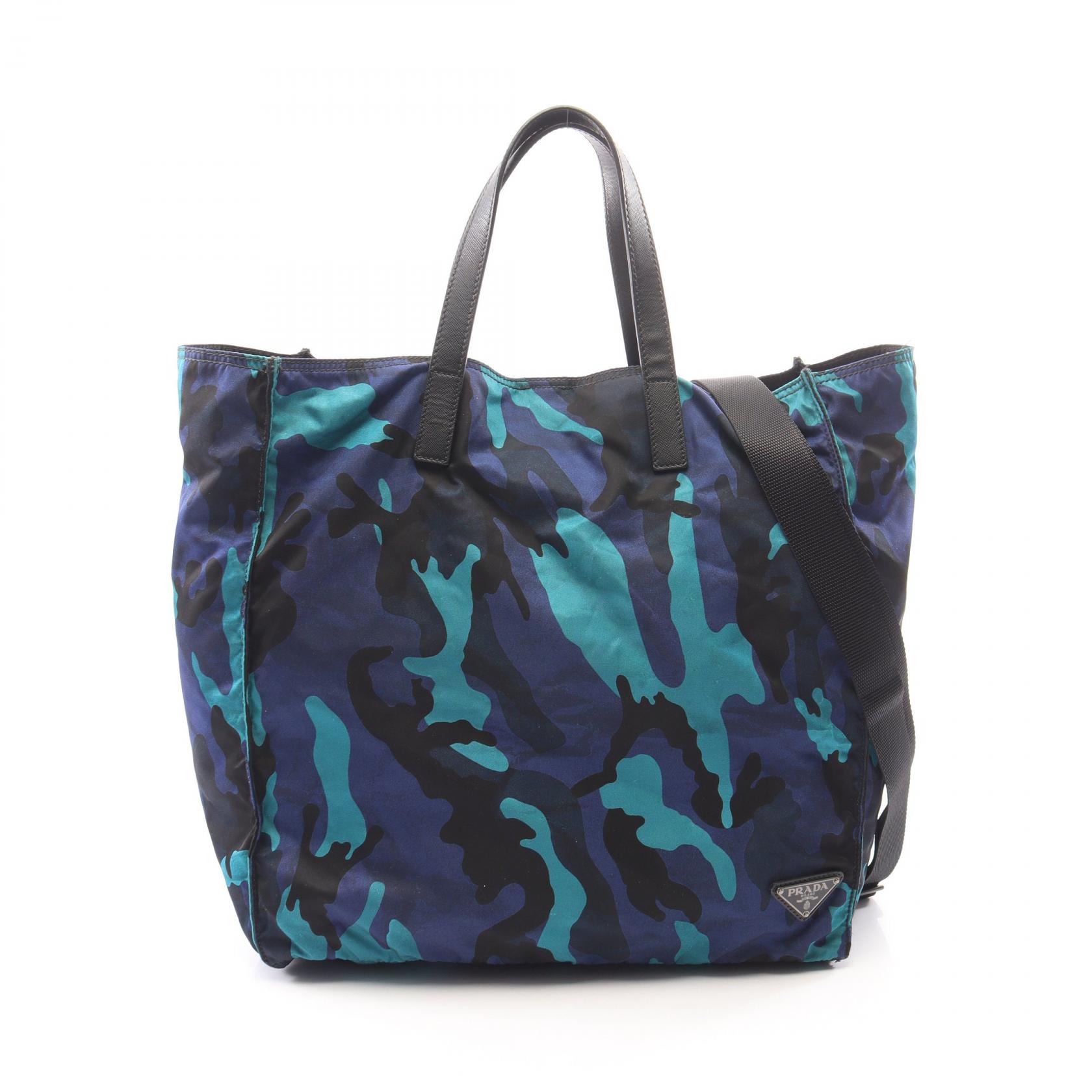 【15%OFFクーポン 7/26 9:59〆】プラダ PRADA トライアングルロゴ カモフラージュ 2WAY トートバッグ バッグ ナイロン サフィアーノレザー メンズ レディース ブルー系 / ブラック系 / マルチカラー 【中古】|Brandoff銀座