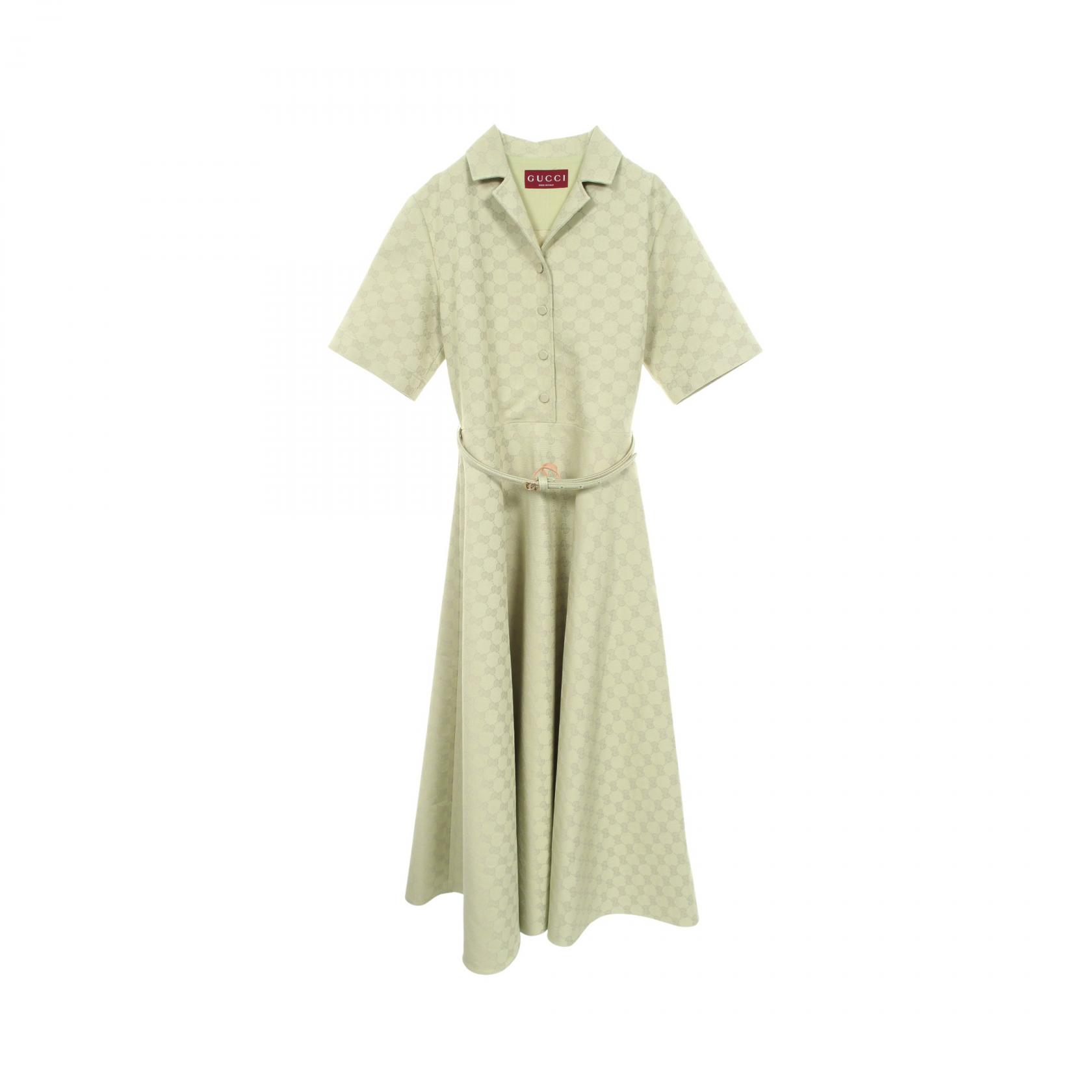 【10%OFFクーポン 7/26 9:59〆】 グッチ GUCCI GG柄 ワンピース 衣料品 トップス コットン ポリエステル レディース グリーン系 818349 【中古】|Brandoff銀座