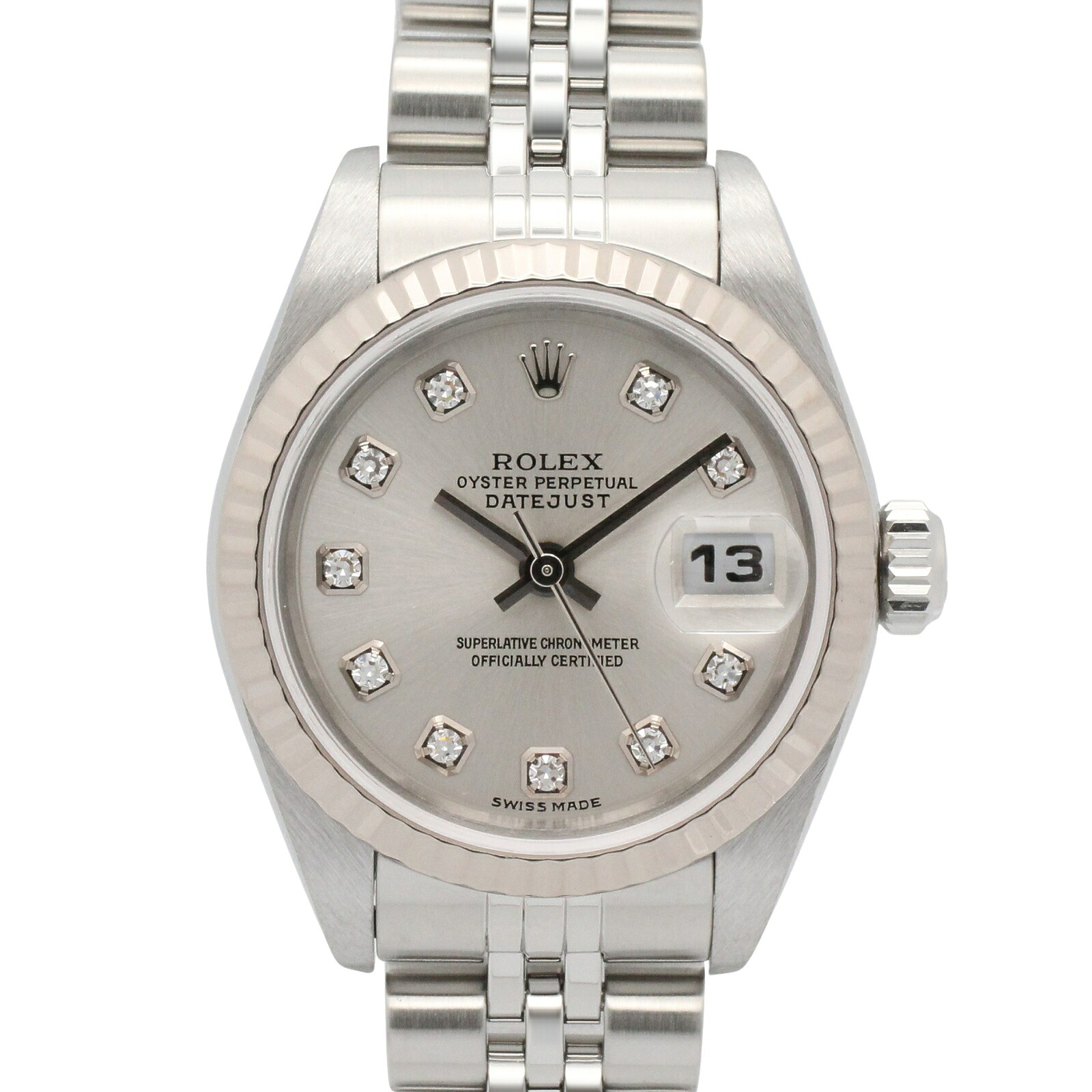 【10%OFFクーポン 7/26 9:59〆】 ロレックス ROLEX デイトジャスト 10Pダイヤ F番 腕時計 時計 K18WG（ホワイトゴールド） ステンレススチール ダイヤモンド レディース シルバー系 新ダイヤ 79174G 【中古】｜Brandoff銀座