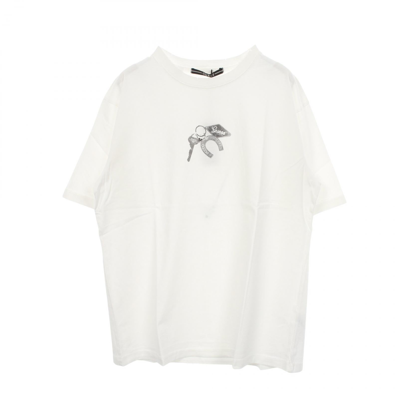 【10%OFFクーポン 7/26 9:59〆】 ゲス Guess キーチェーン ダメージ加工 半袖Tシャツ 衣料品 トップス コットン メンズ レディース ホワイト系 MQ2K7432L 【新品】｜Brandoff銀座