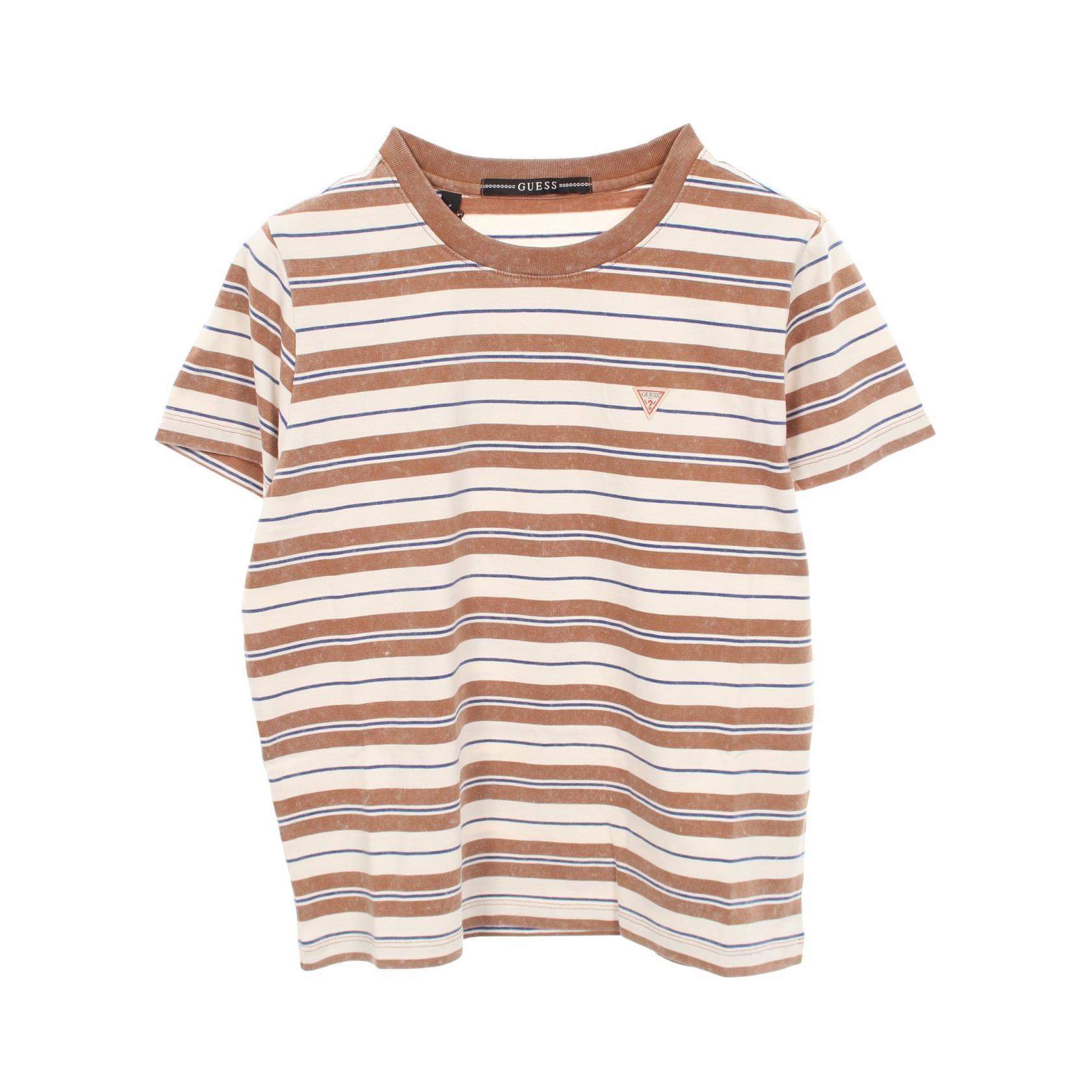 【10%OFFクーポン 7/26 9:59〆】 ゲス Guess ボーダー クルーネック 半袖Tシャツ 衣料品 トップス コットン メンズ レディース ブラウン系 / ベージュ系 / ブルー系 MQ2K7430S 【新品】｜Brandoff銀座