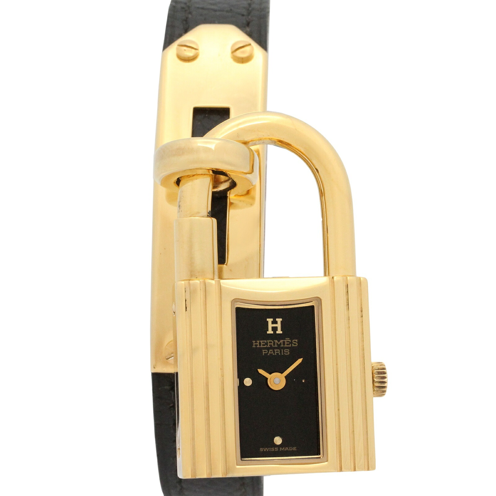 【10%OFFクーポン 7/26 9:59〆】 エルメス HERMES ケリーウォッチ 腕時計 時計 GP(ゴールドメッキ) レザーベルト レディース ブラック系 KE1.201 【中古】|Brandoff銀座