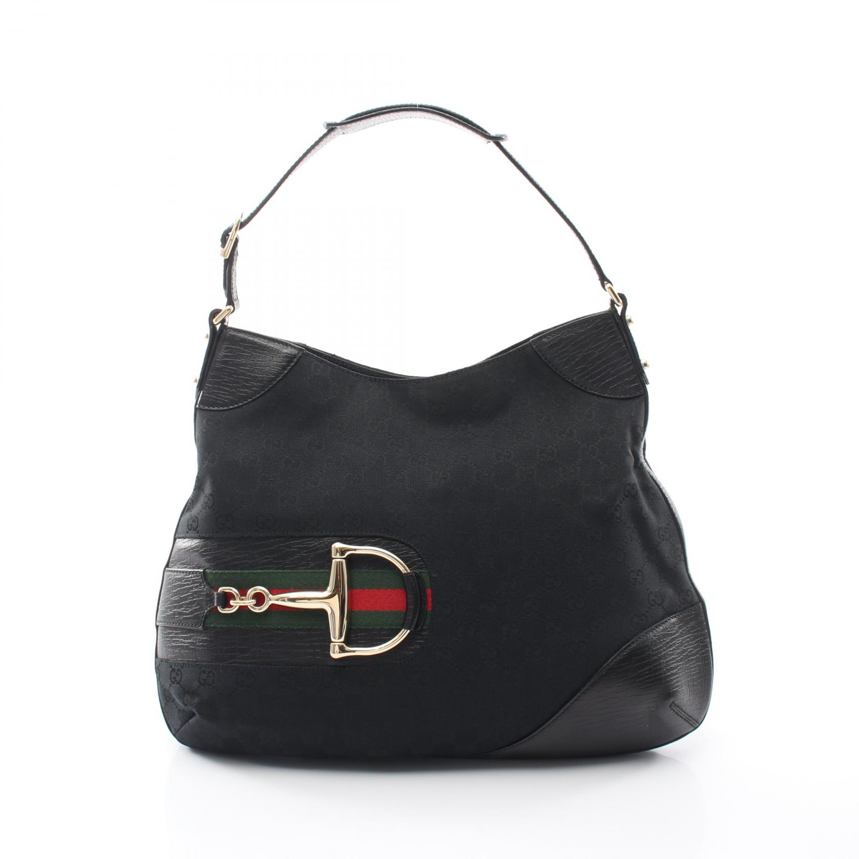 【10%OFFクーポン 7/26 9:59〆】 グッチ GUCCI ホースビット GGキャンバス ショルダーバッグ バッグ キャンバス レザー レディース ブラック系 137386 【中古】|Brandoff銀座