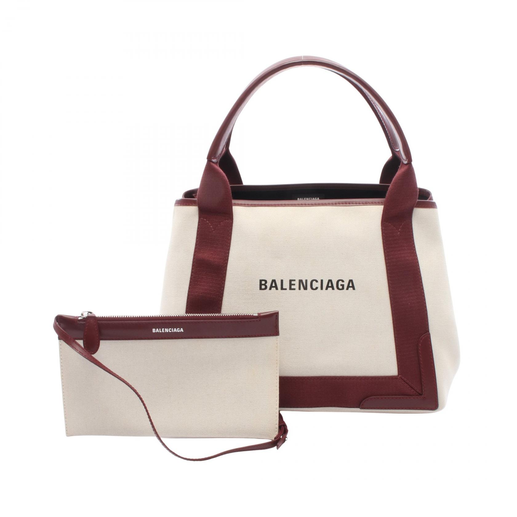 【10%OFFクーポン 7/26 9:59〆】 バレンシアガ BALENCIAGA NAVY CABAS S ネイビーカバ トートバッグ バッグ キャンバス レザー レディース アイボリー系 / ボルドー系 【中古】|Brandoff銀座