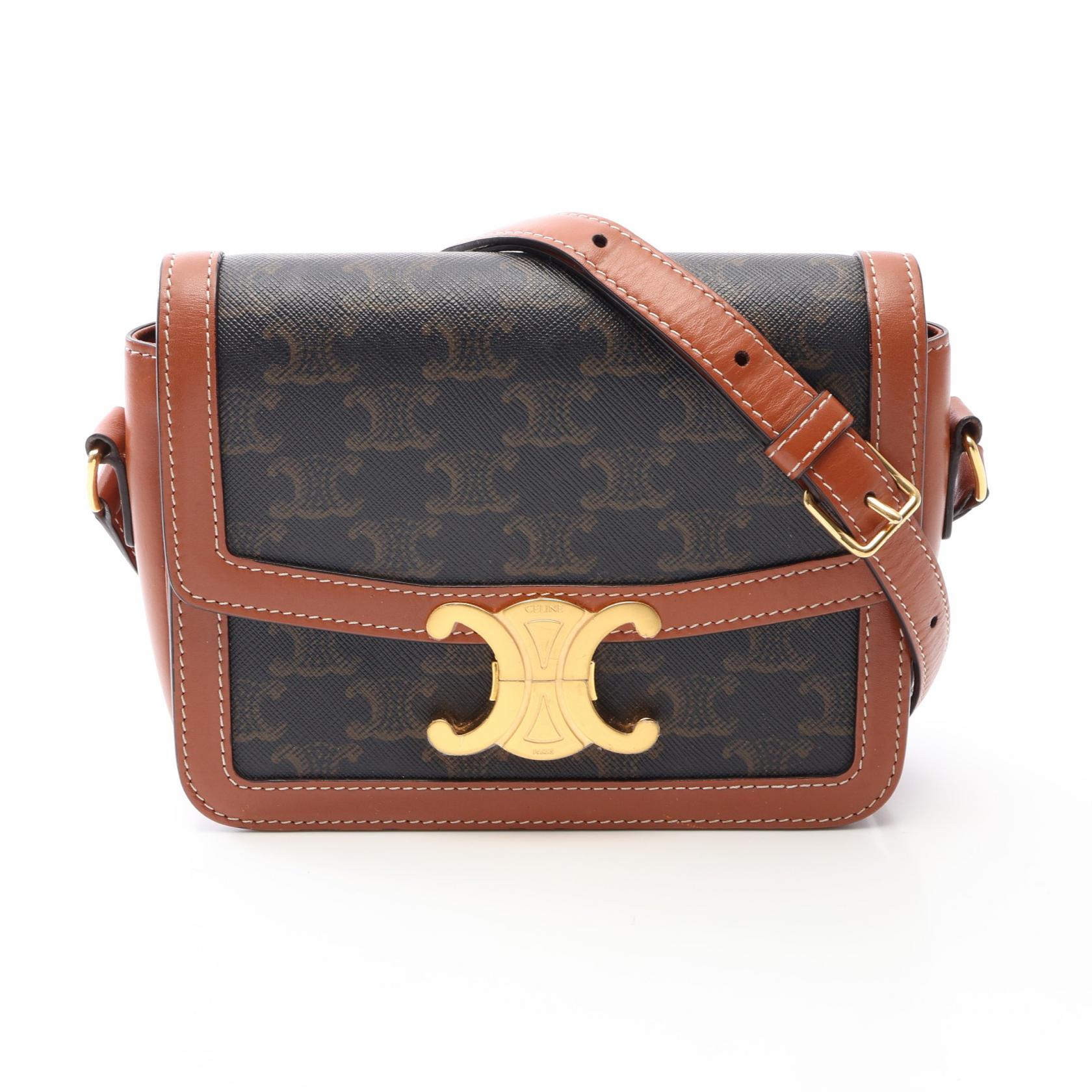 【10%OFFクーポン 7/26 9:59〆】 セリーヌ CELINE ティーン トリオンフ ショルダーバッグ バッグ PVCコーティングキャンバス レザー レディース ブラック系 / ブラウン系 【中古】｜Brandoff銀座 165,000円