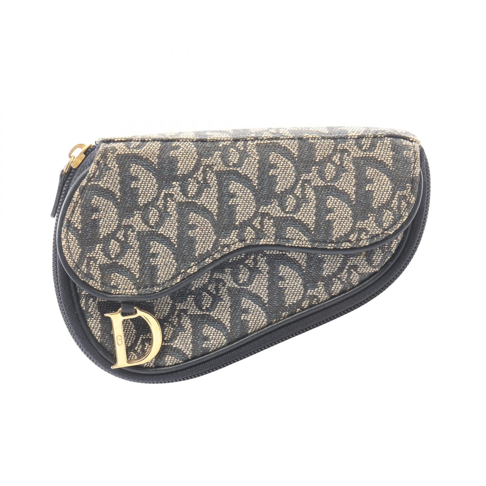 【10%OFFクーポン 7/26 9:59〆】 クリスチャンディオール Christian Dior トロッター サドル ポーチ バッグ キャンバス レザー レディース ホワイト系 / ネイビー系 【中古】｜Brandoff銀座