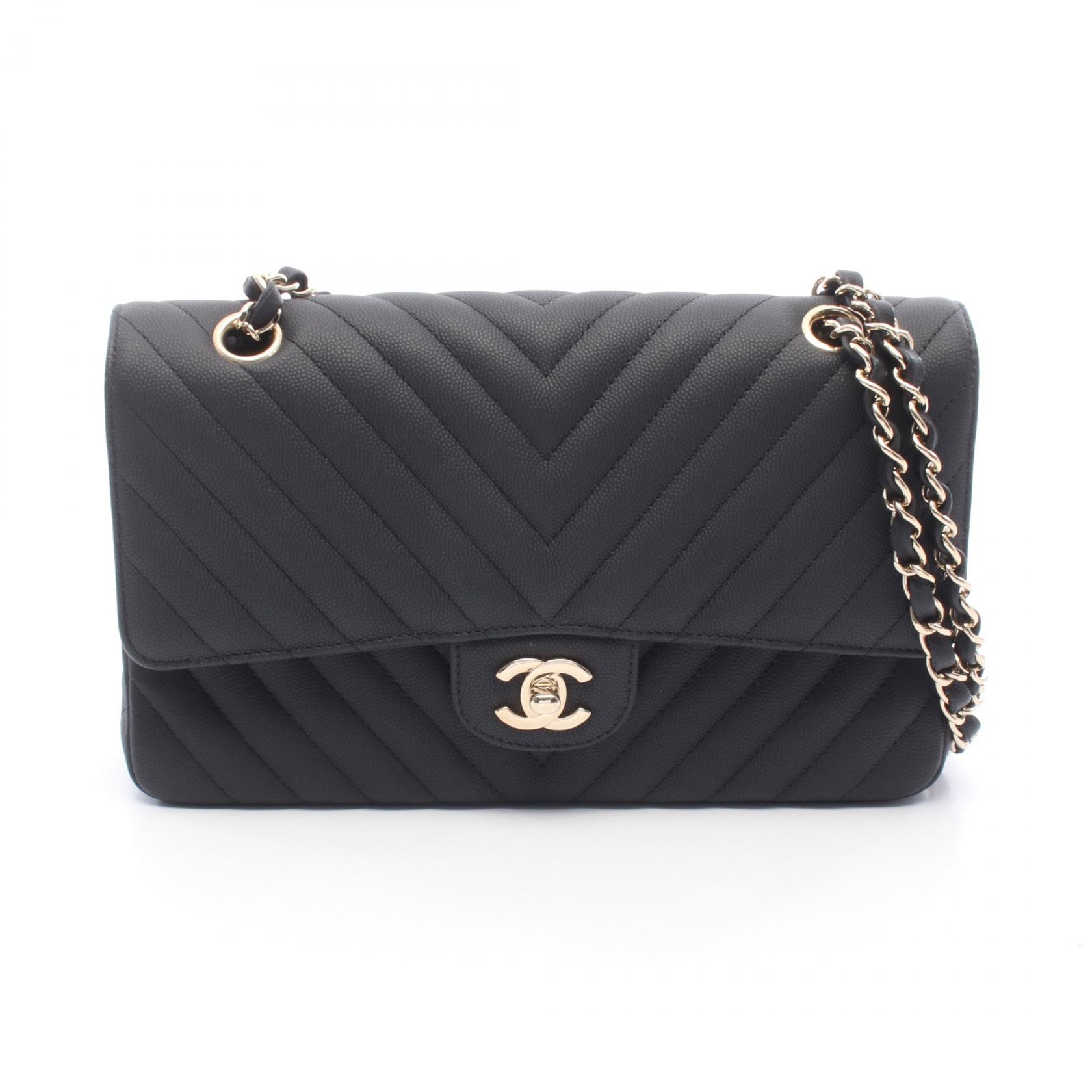 【10%OFFクーポン 7/26 9:59〆】 シャネル CHANEL シェブロン Vステッチ Wフラップ ショルダーバッグ バッグ キャビアスキン(グレインドカーフ) レディース ブラック系 【中古】|Brandoff銀座