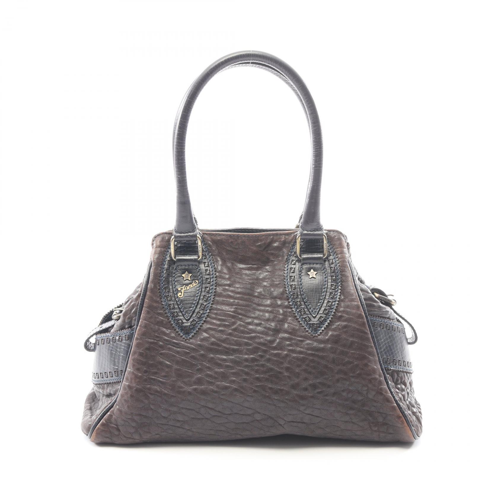 【10%OFFクーポン 7/26 9:59〆】 フェンディ FENDI エトニコ ハンドバッグ バッグ レザー レディース ブラウン系 / ネイビー系 【中古】｜Brandoff銀座