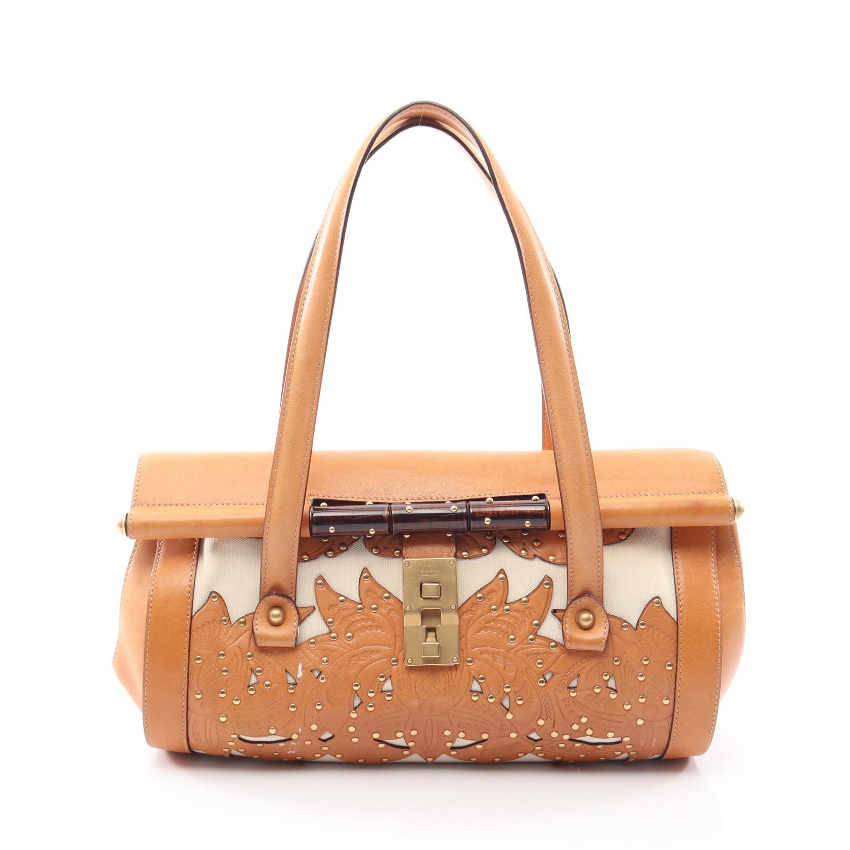 【10%OFFクーポン 7/26 9:59〆】 グッチ GUCCI フラワーカービング ハンドバッグ バッグ キャンバス レザー レディース ホワイト系 / ブラウン系 123259 【中古】｜Brandoff銀座