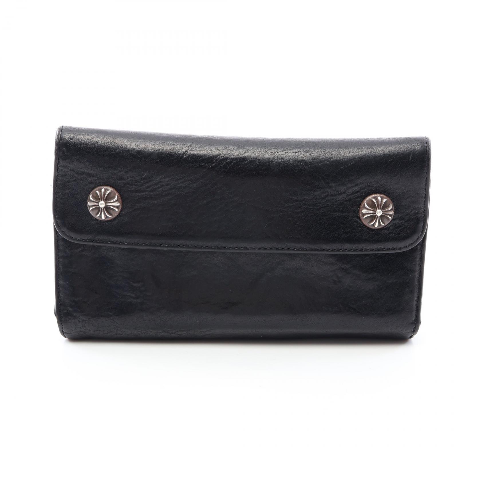 クロムハーツ CHROME HEARTS ウェーブウォレット クロスボタン 三つ折り長財布 財布 レザー メンズ ブラック系 【中古】｜Brandoff銀座