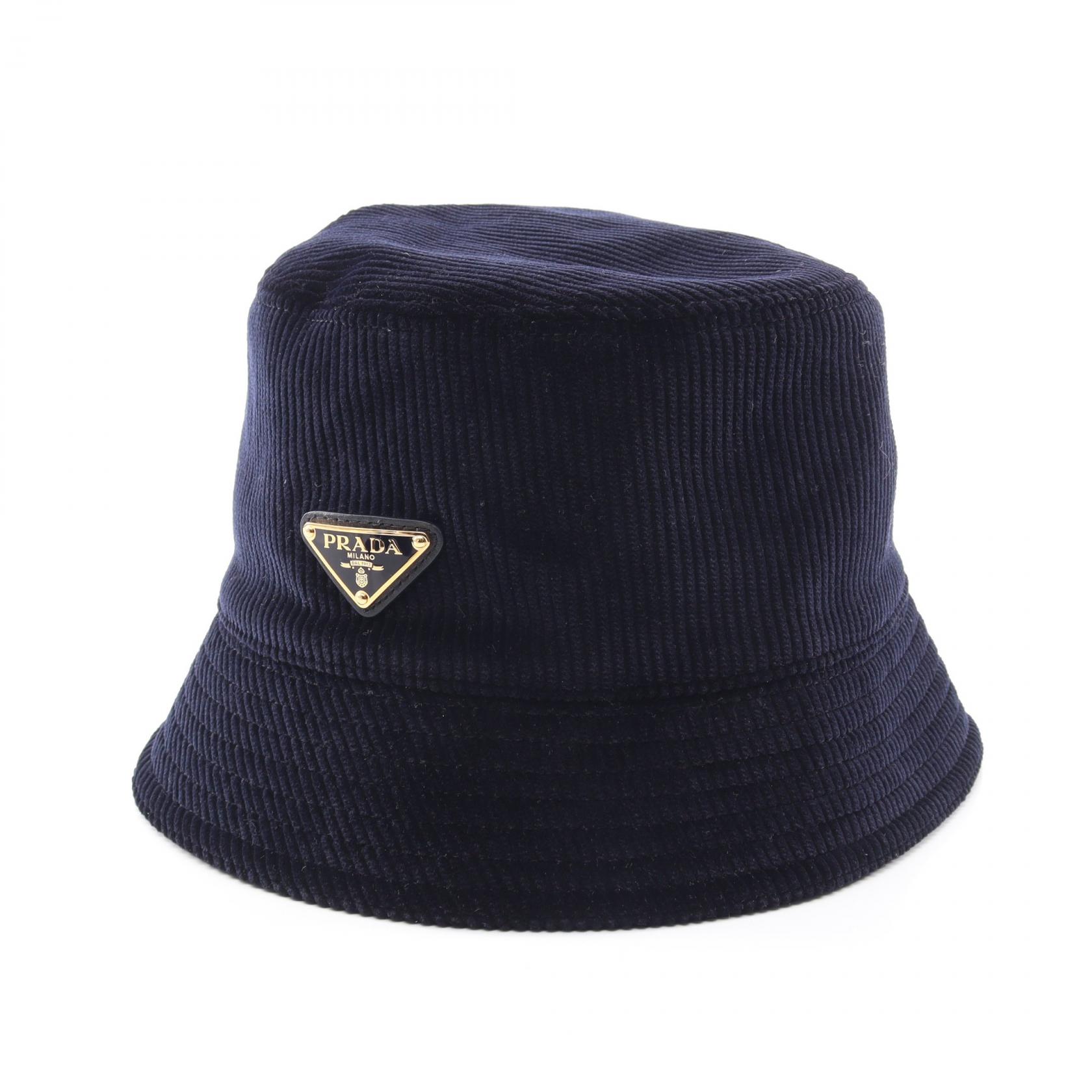 プラダ PRADA 三角プレート コーデュロイ バケット ハット 帽子 コットン レディース ネイビー系 【中古】｜Brandoff銀座