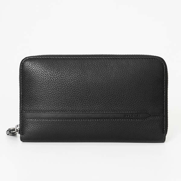 ブルガリ　黒のレザー長財布 BVLGARI (ブルガリ) レザー ロゴ刻印リング フラップ 長財布